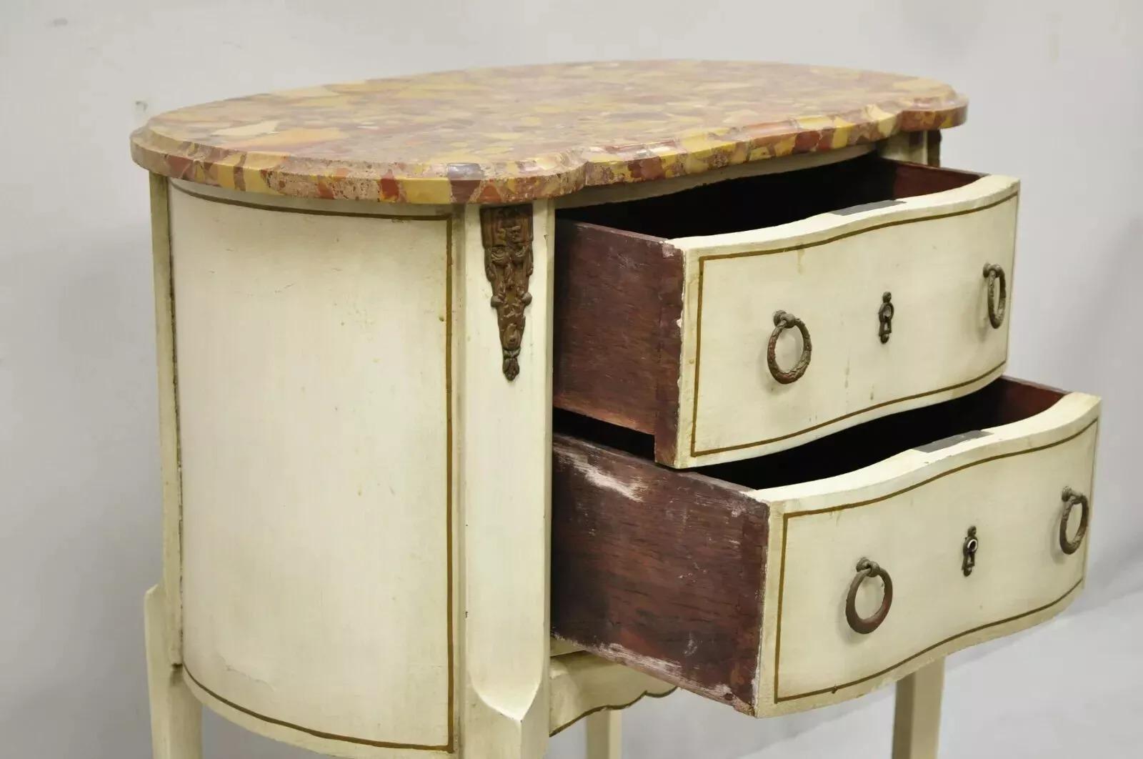 Antique French Louis XV Style Marble Top White Painted Bombe Nightstand Table For Sale 1