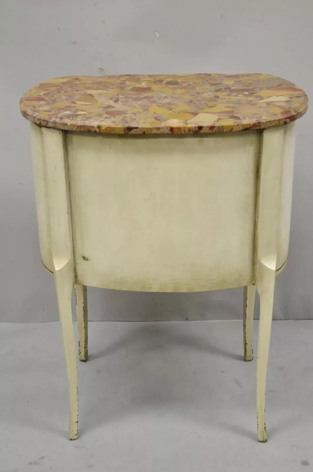 Antique French Louis XV Style Marble Top White Painted Bombe Nightstand Table For Sale 2