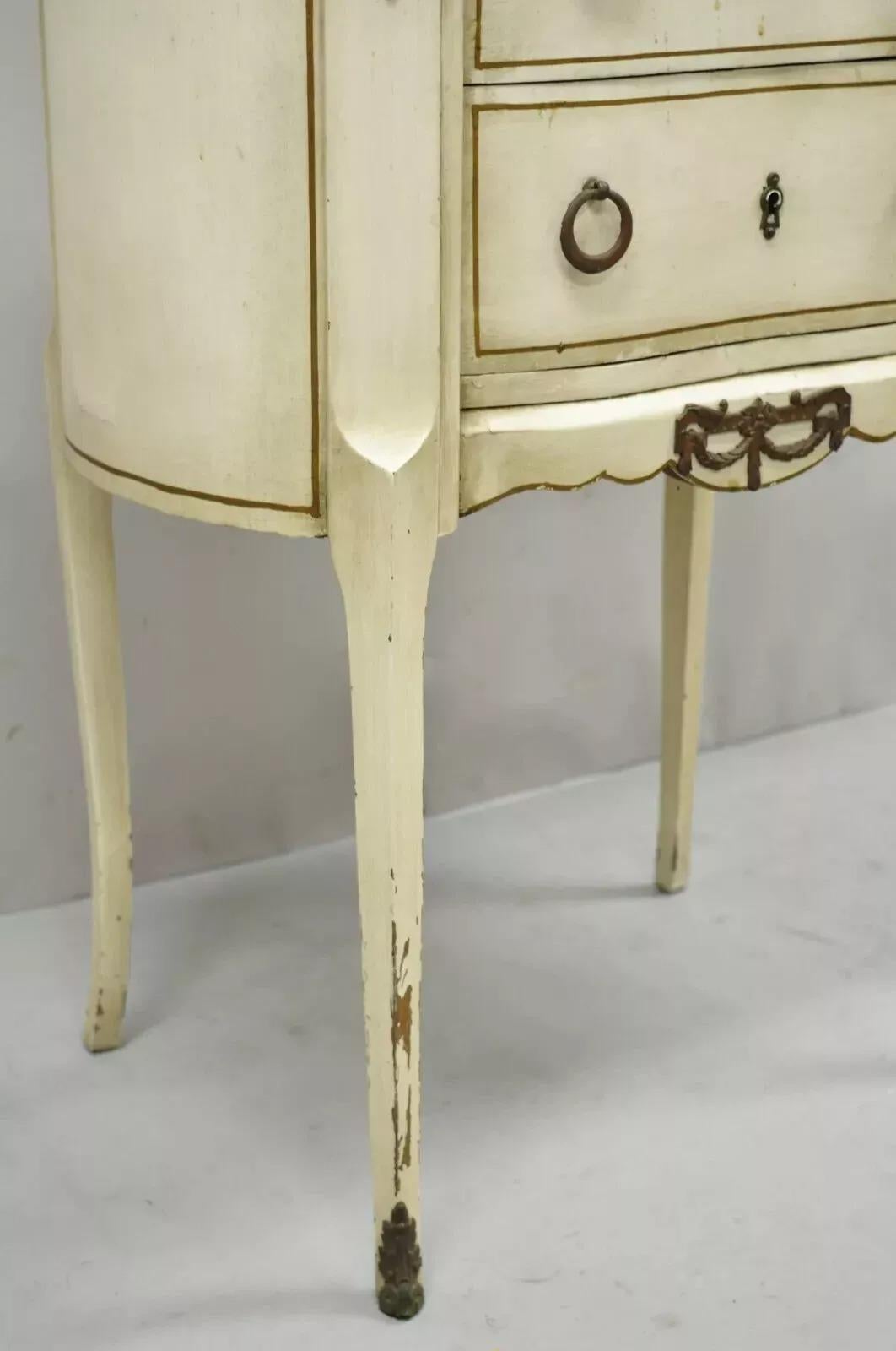 Antique French Louis XV Style Marble Top White Painted Bombe Nightstand Table For Sale 4