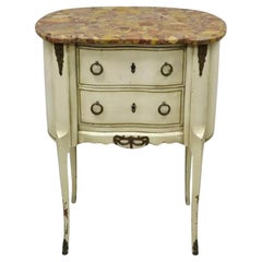 Antique French Louis XV Style Marble Top White Painted Bombe Nightstand Table