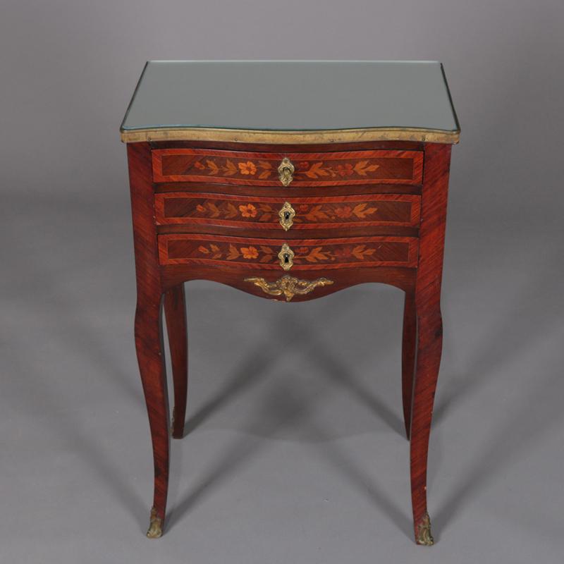 Cast Antique French Louis XV Style Marquetry 3-Drawer End Stand, 19th Century