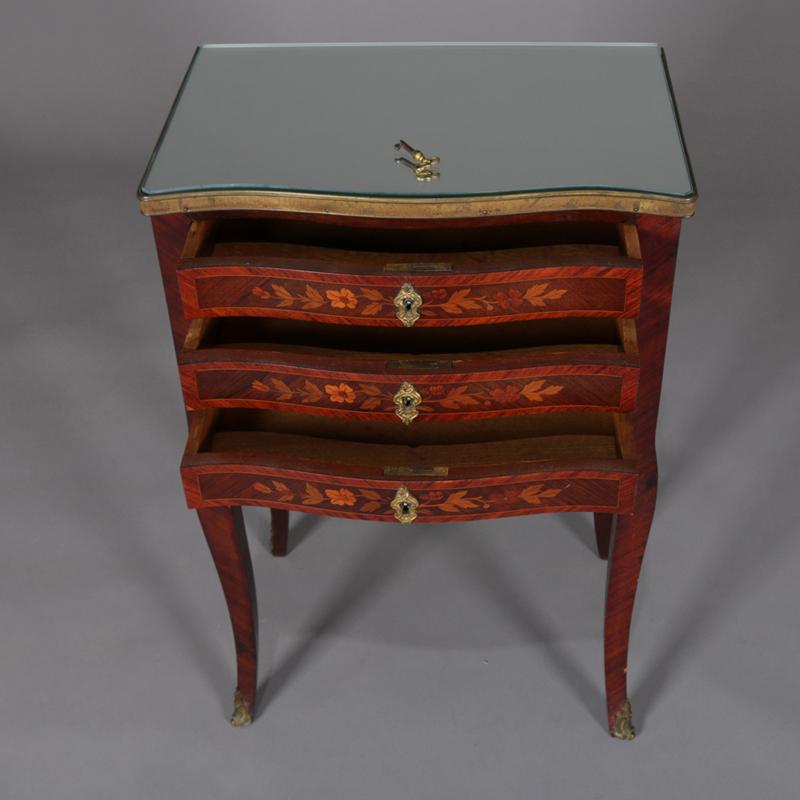 Antique French Louis XV Style Marquetry 3-Drawer End Stand, 19th Century In Good Condition In Big Flats, NY