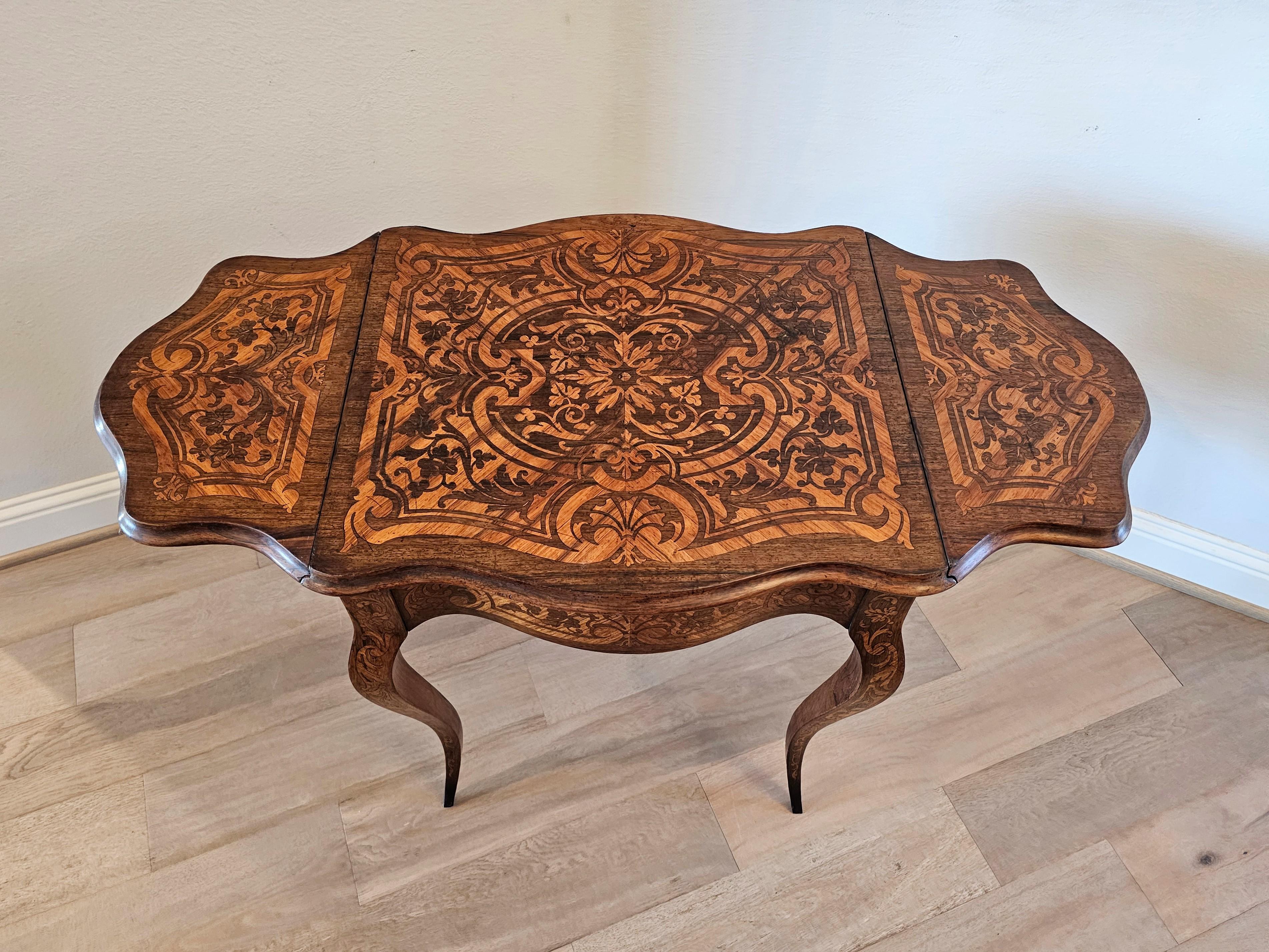 Antique French Mesa Auxiliar de Marquetería de Hoja Caída Estilo Luis XV para Costura Francés en venta