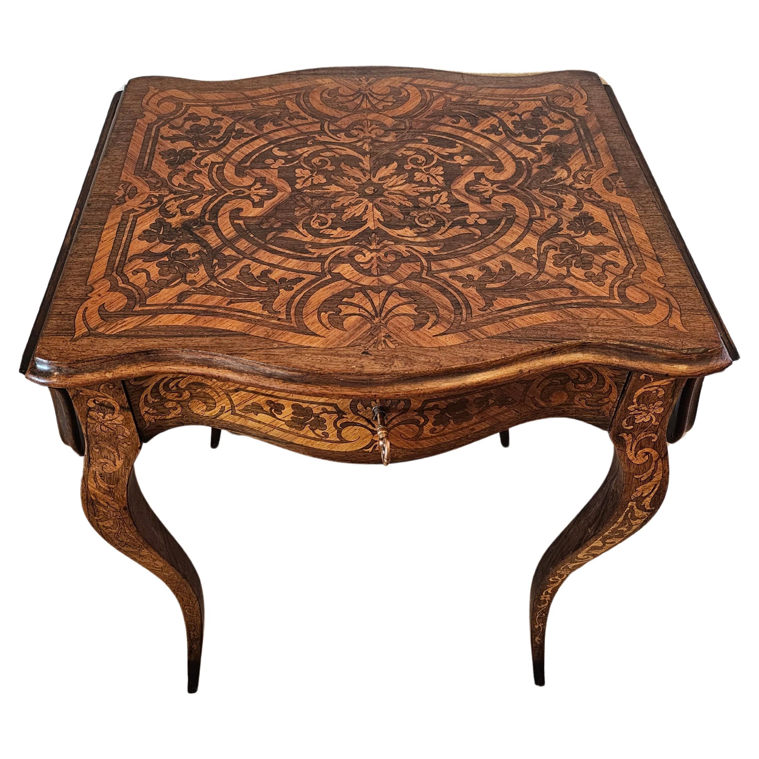 Antique French Mesa Auxiliar de Marquetería de Hoja Caída Estilo Luis XV para Costura