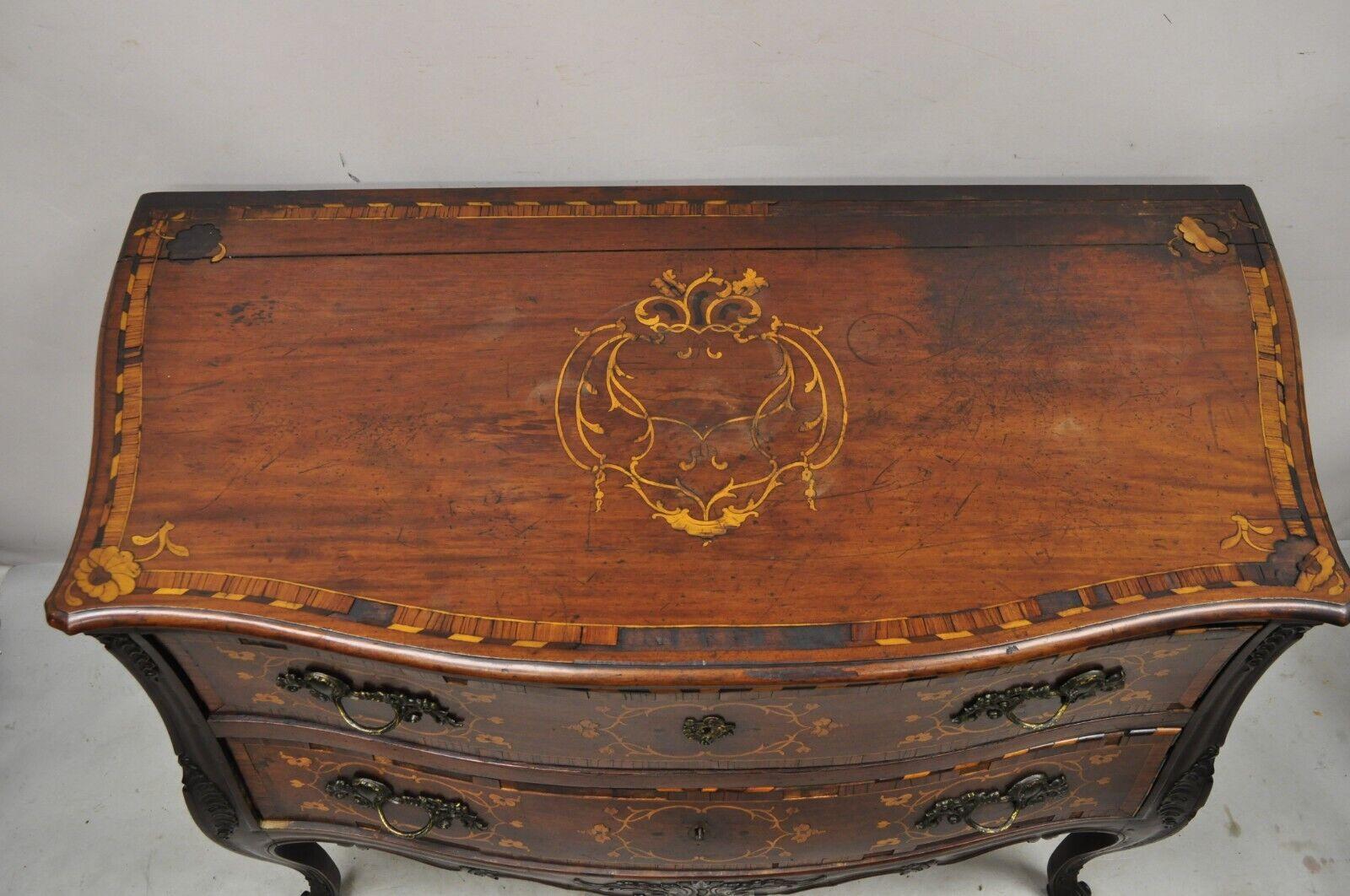 Antique French Louis XV Style Marquetry Inlay Bombe Commode Chest of Drawers TLC In Good Condition For Sale In Philadelphia, PA