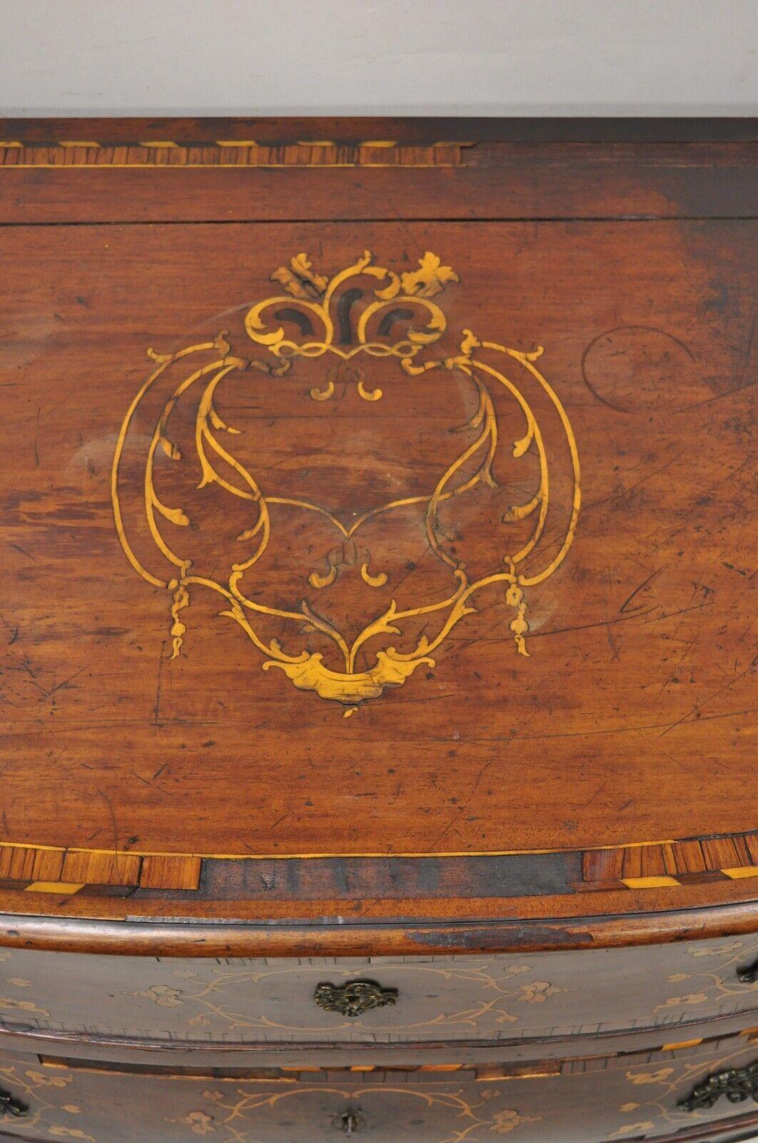 19th Century Antique French Louis XV Style Marquetry Inlay Bombe Commode Chest of Drawers TLC For Sale