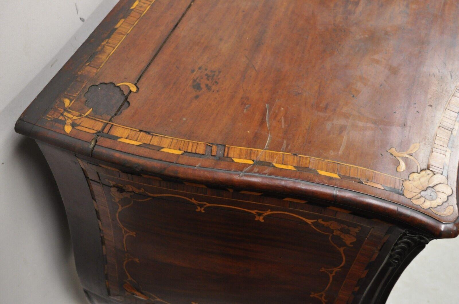 Walnut Antique French Louis XV Style Marquetry Inlay Bombe Commode Chest of Drawers TLC For Sale