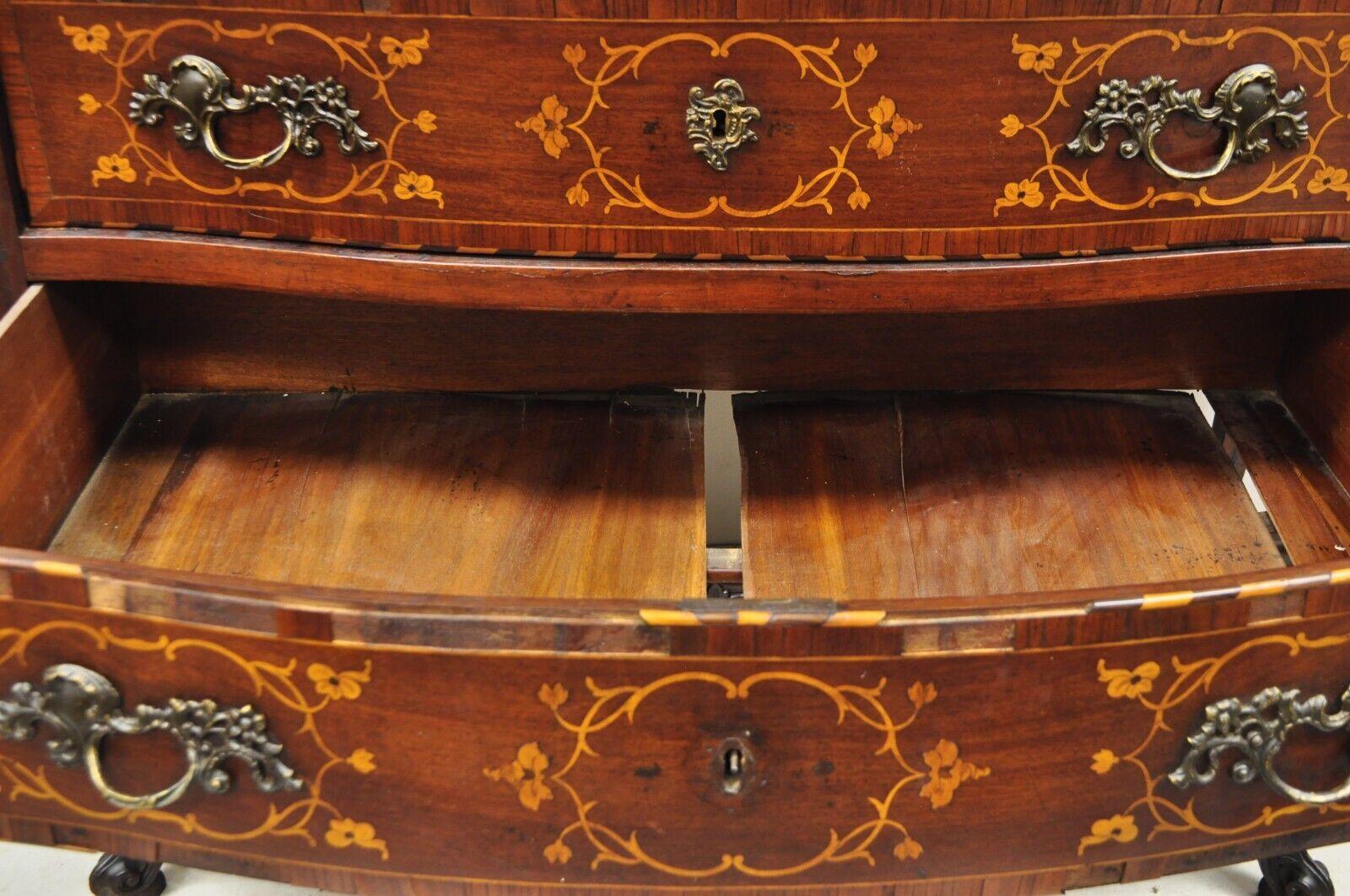 Antique French Louis XV Style Marquetry Inlay Bombe Commode Chest of Drawers TLC For Sale 4