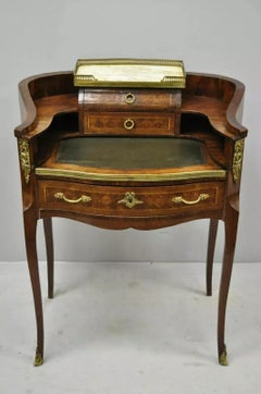 Antique French Louis XV Style Marquetry Inlay Petite Demilune Writing Desk