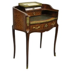 Antique French Louis XV Style Marquetry Inlay Petite Demilune Writing Desk