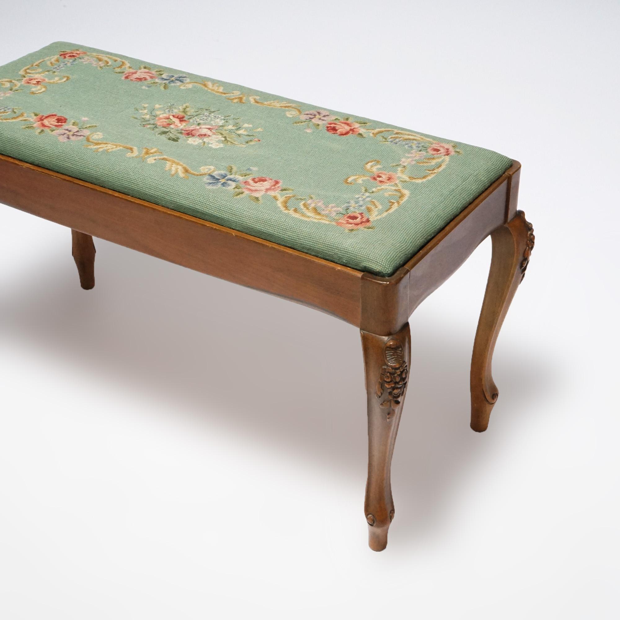 Antique French Louis XV Style Needlepoint & Carved Walnut Bench c1930 In Good Condition In Big Flats, NY