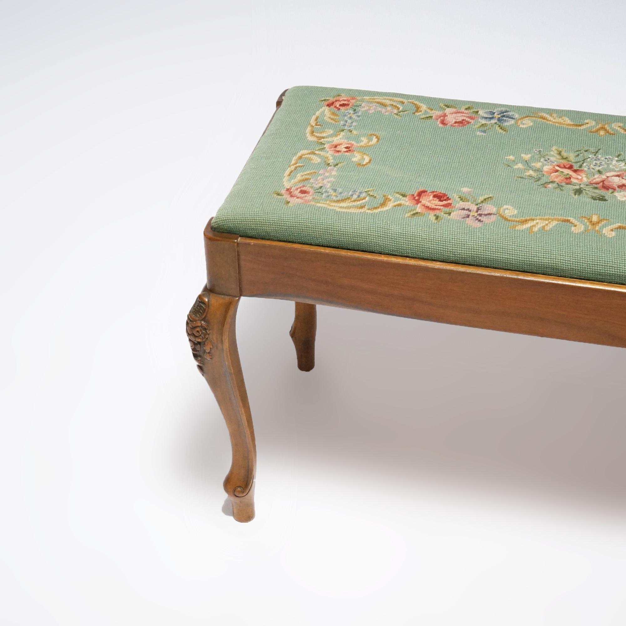 20th Century Antique French Louis XV Style Needlepoint & Carved Walnut Bench c1930