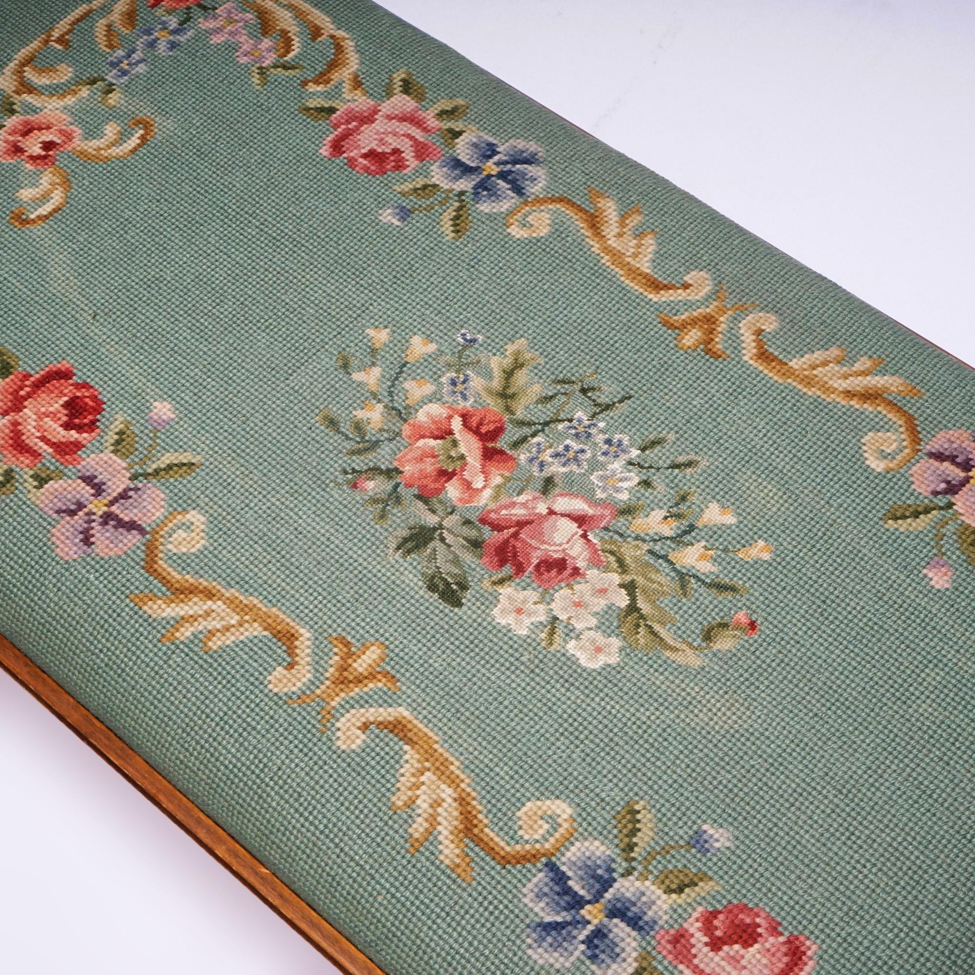 Antique French Louis XV Style Needlepoint & Carved Walnut Bench c1930 1