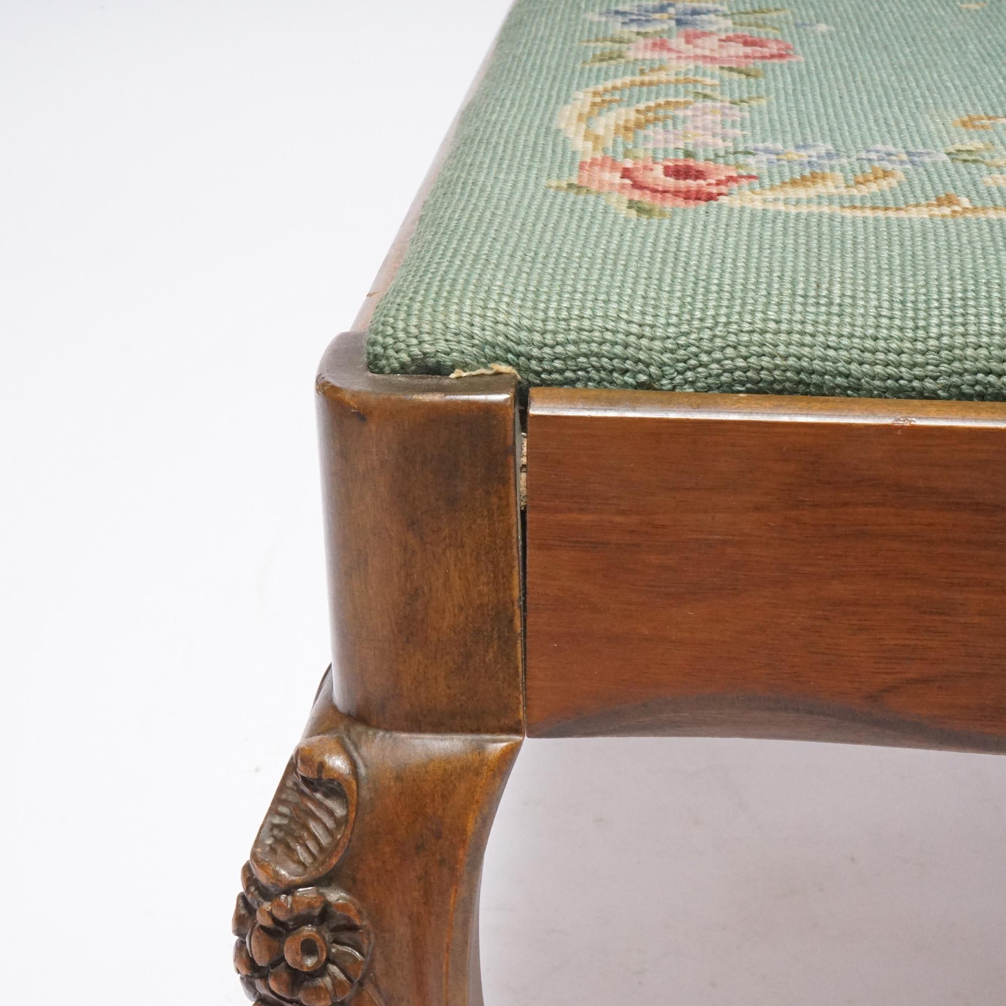 Antique French Louis XV Style Needlepoint & Carved Walnut Bench c1930 2
