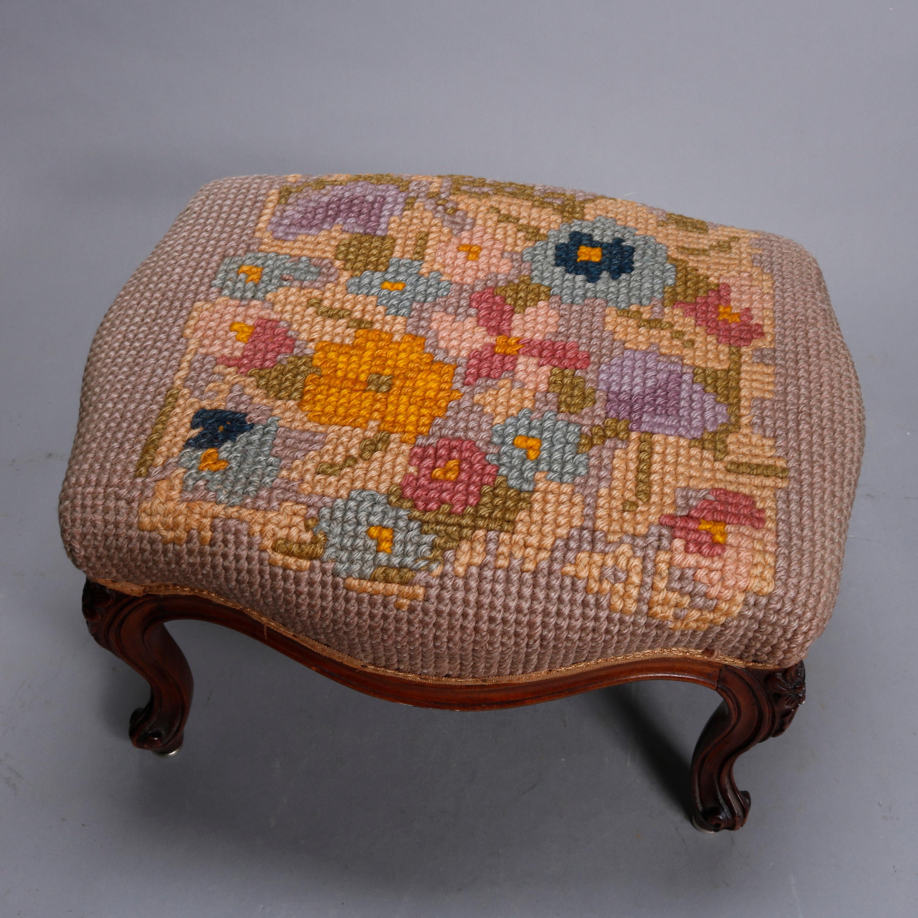 Carved Antique French Louis XV Style Needlepoint Walnut Footstool, circa 1900