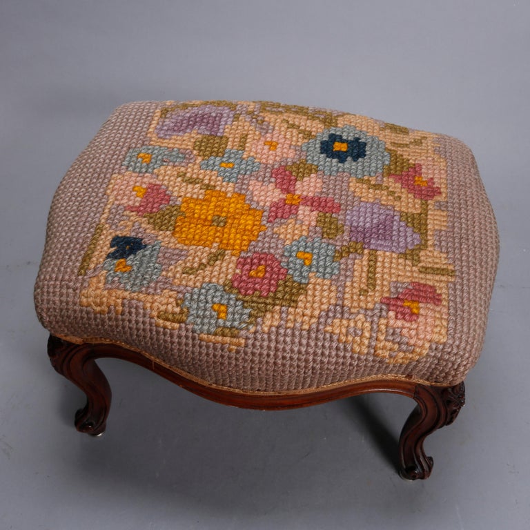 Antique French Louis XV Style Needlepoint Walnut Footstool, circa 1900