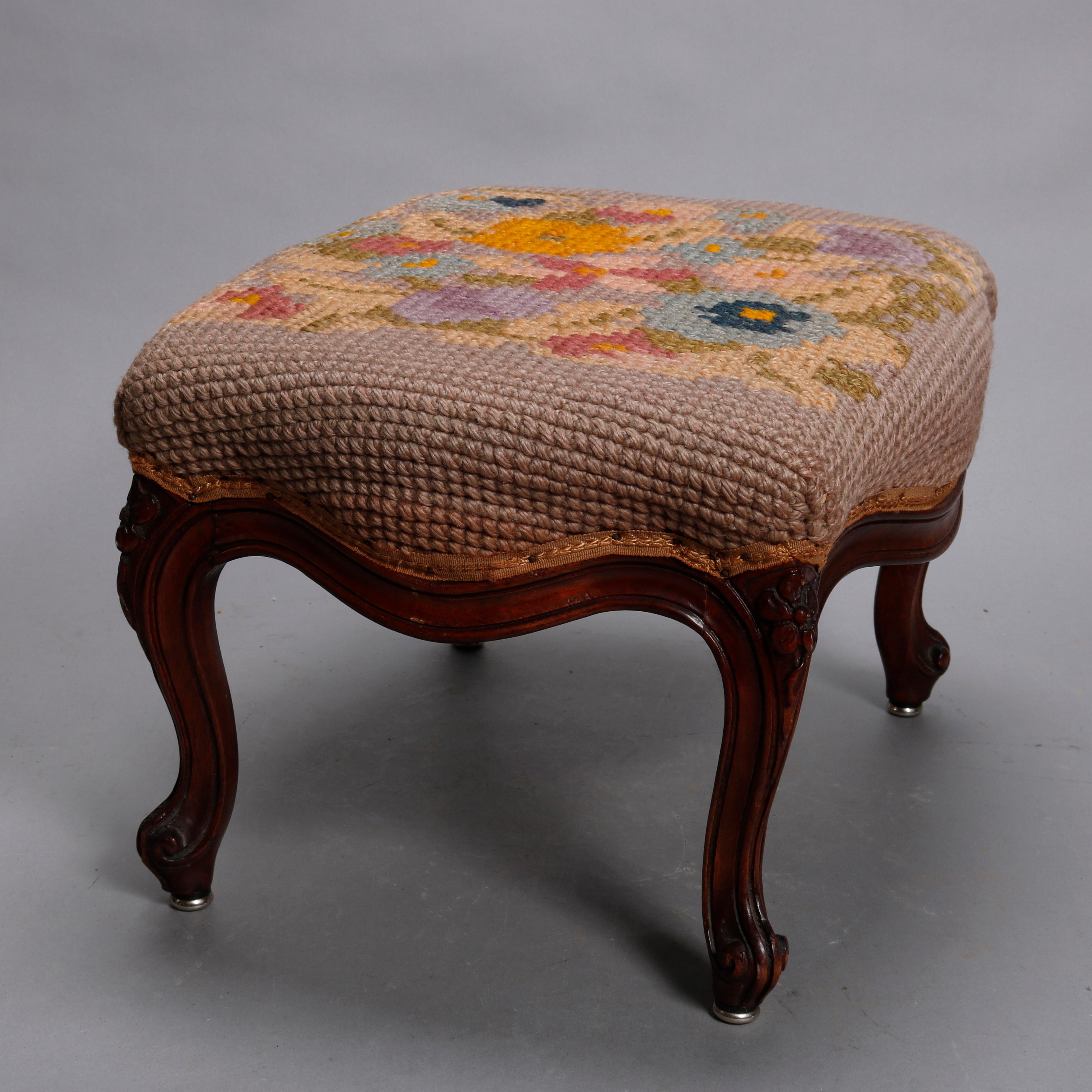 Antique French Louis XV Style Needlepoint Walnut Footstool, circa 1900 In Good Condition In Big Flats, NY