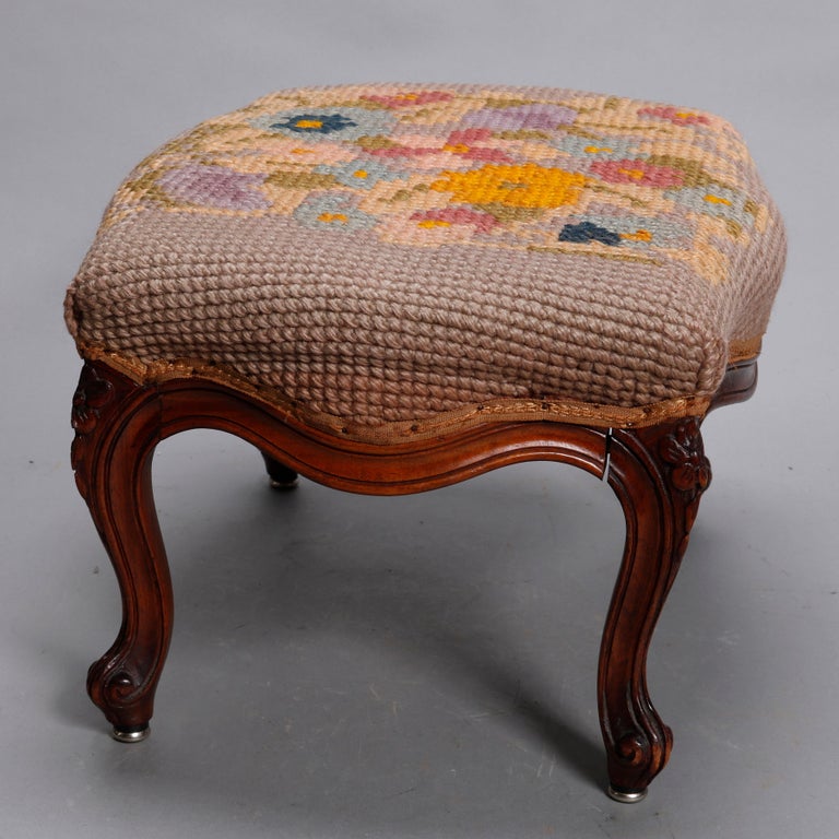 Antique French Louis XV Style Needlepoint Walnut Footstool, circa 1900