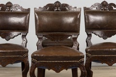 Antique French Louis XV Style Oak Dining Chairs W/ Brown Leather - Set of 8