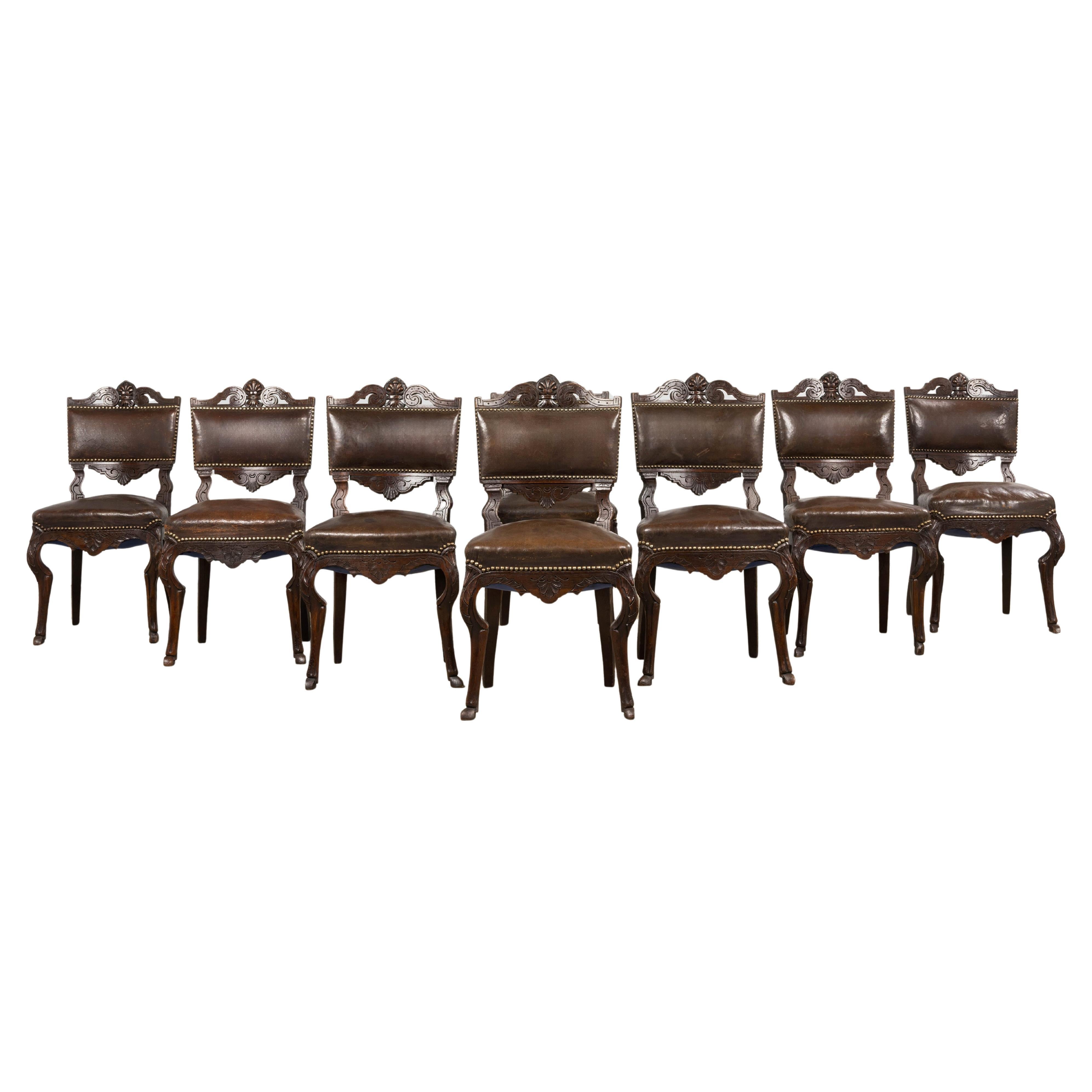 Antique French Louis XV Style Oak Dining Chairs W/ Brown Leather - Set of 8 For Sale