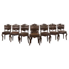 Antique French Louis XV Style Oak Dining Chairs W/ Brown Leather - Set of 8