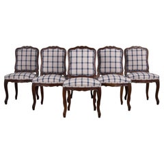 Antique French Louis XV Style Oak Dining Chairs W/ Plaid Fabric - Set of 6