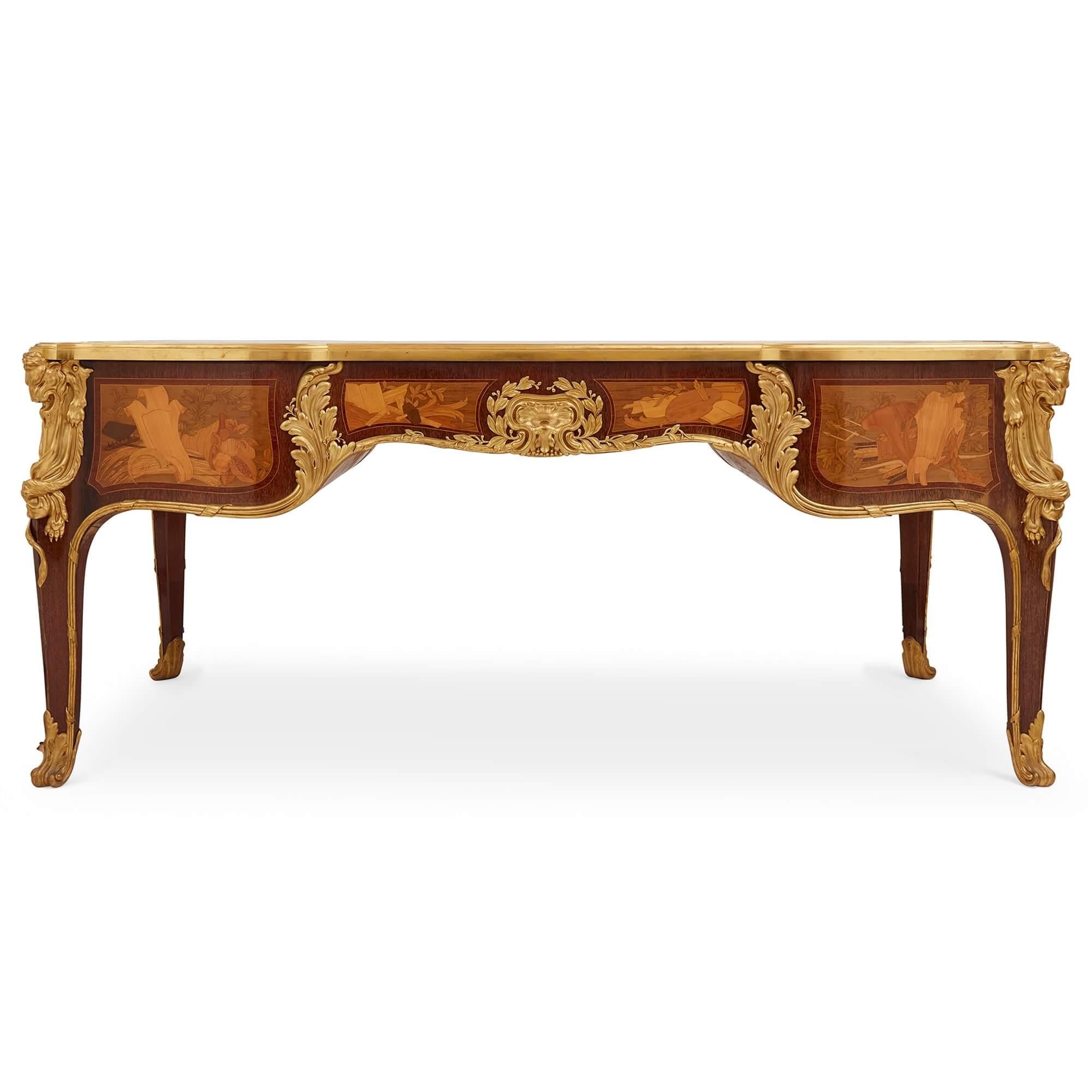 Cast Antique French Louis XV Style Ormolu Mounted Marquetry Desk by Maison Léger For Sale
