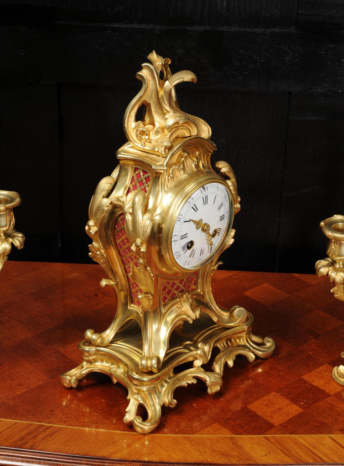 Antique French Louis XV Style Ormolu Rococo Clock Set 6