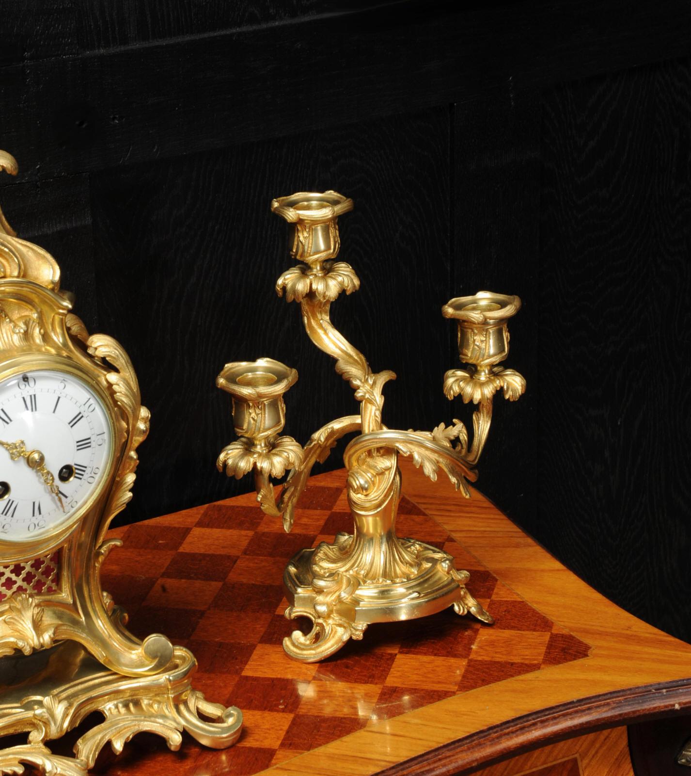 Antique French Louis XV Style Ormolu Rococo Clock Set 8