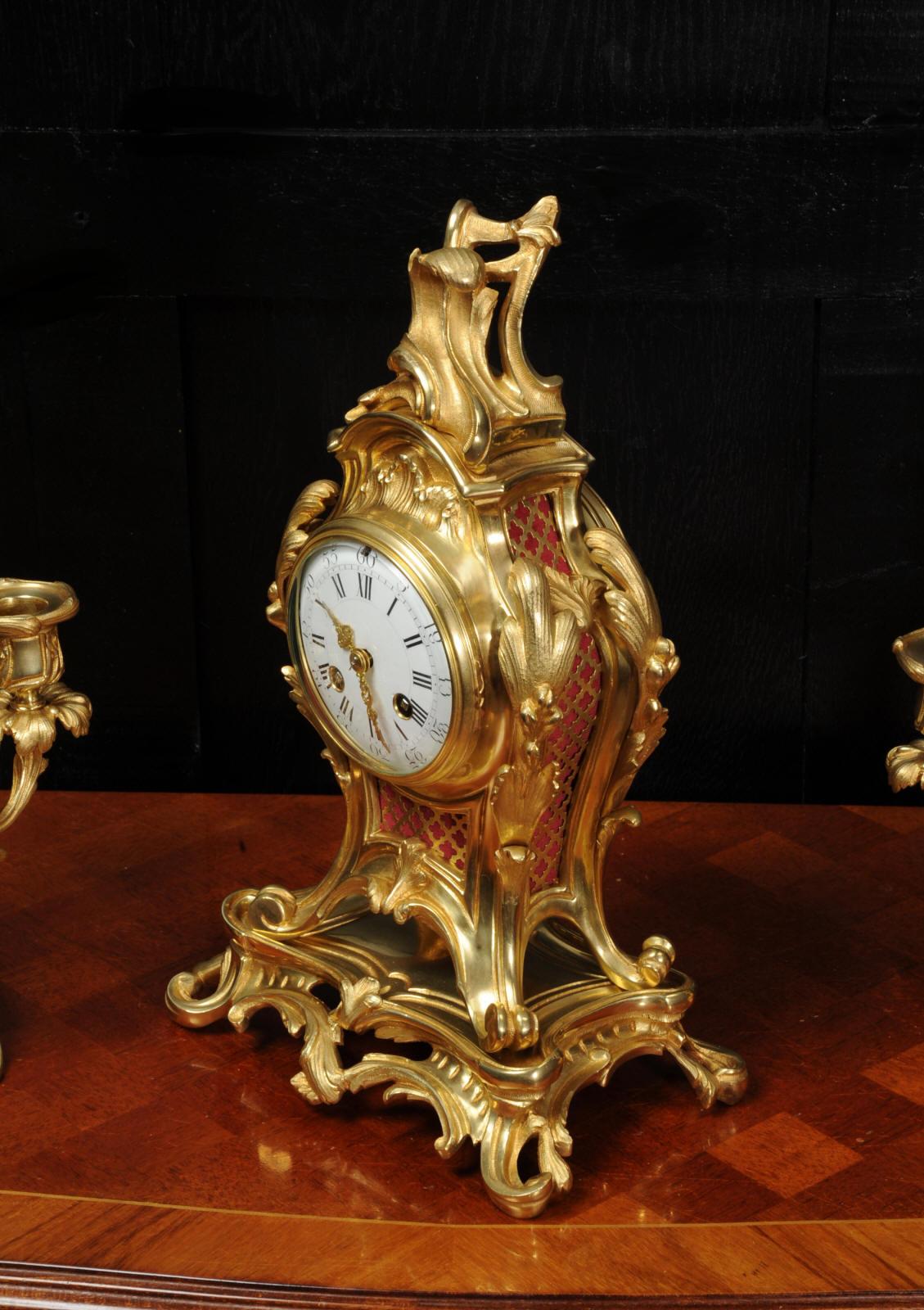 Antique French Louis XV Style Ormolu Rococo Clock Set 10