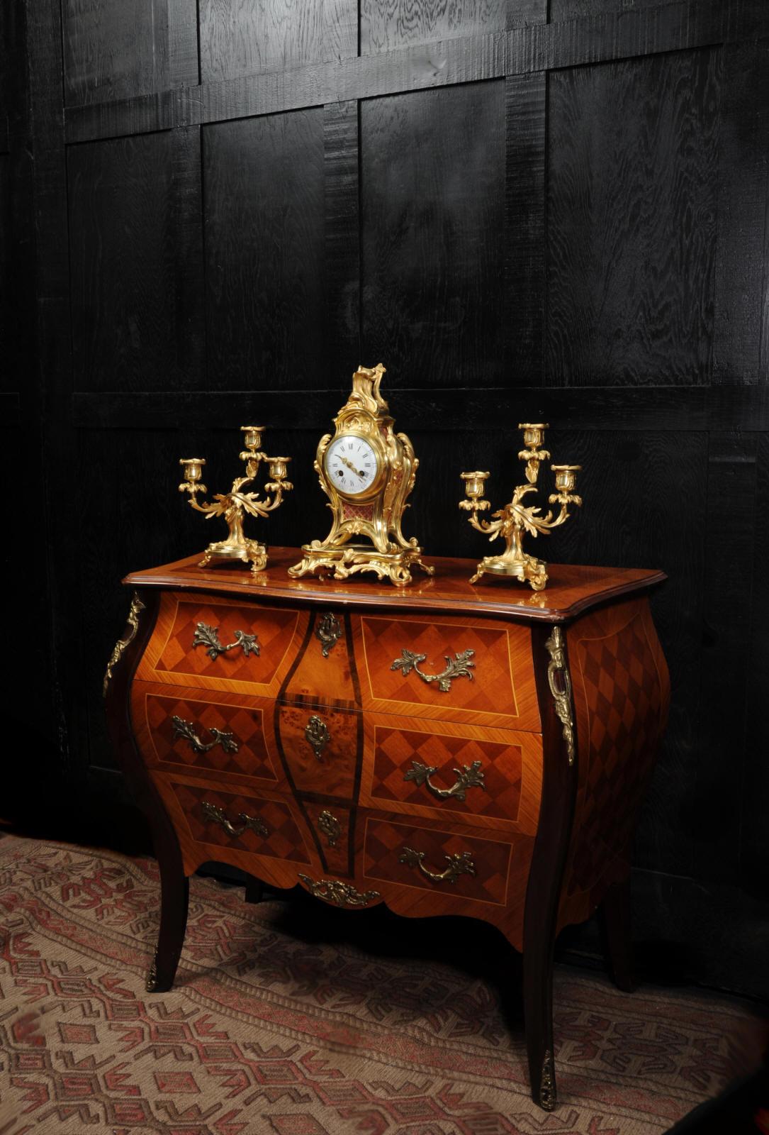 19th Century Antique French Louis XV Style Ormolu Rococo Clock Set