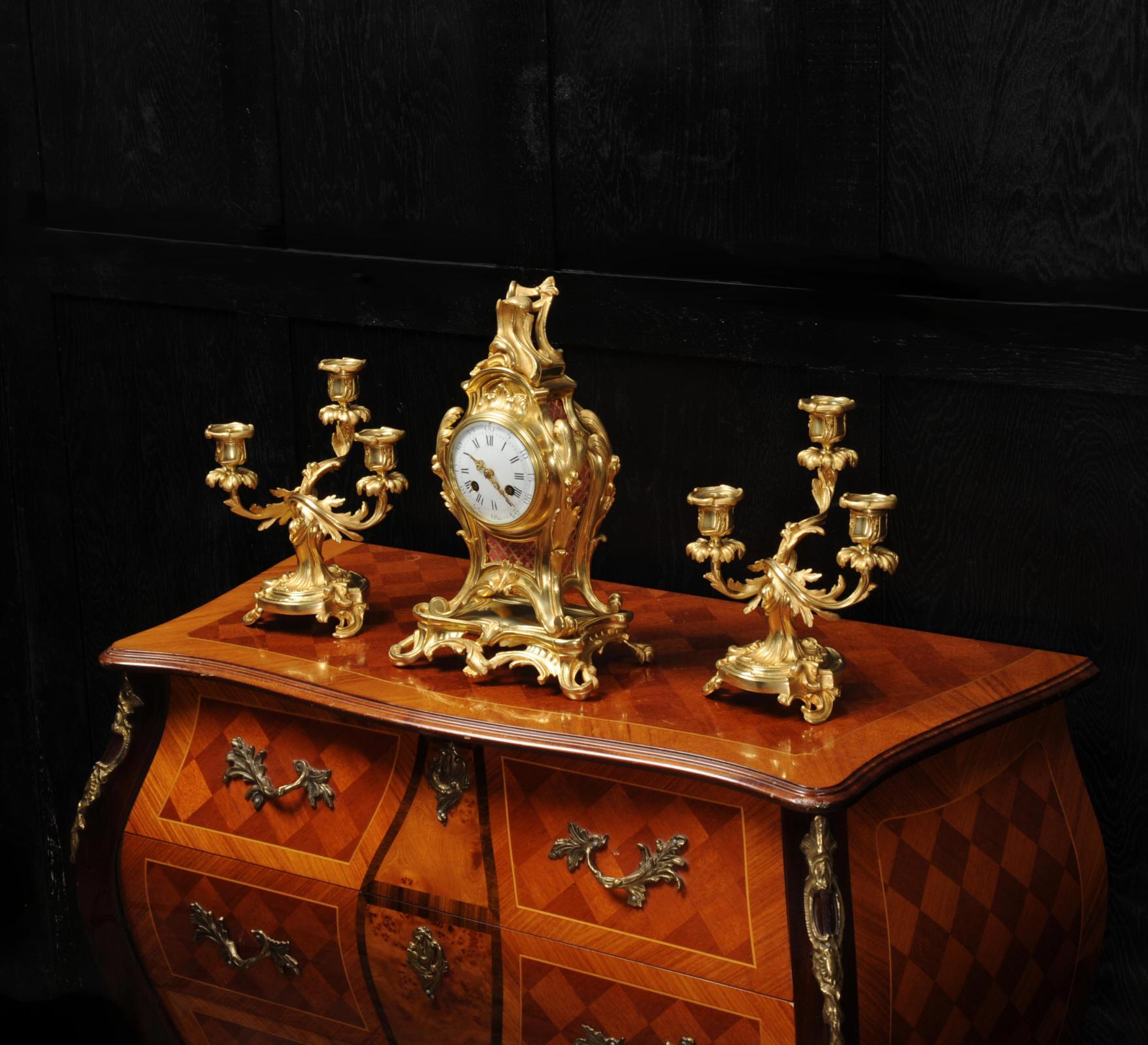 Antique French Louis XV Style Ormolu Rococo Clock Set 1