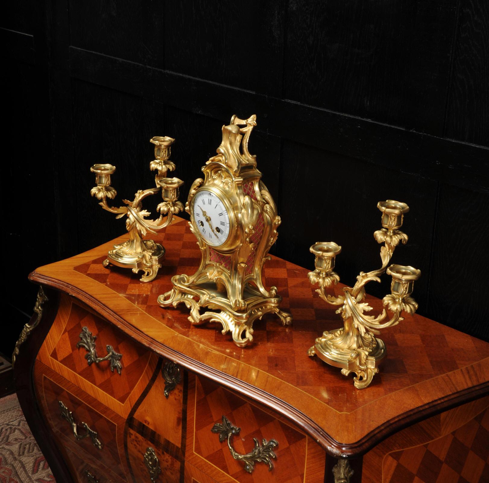 Antique French Louis XV Style Ormolu Rococo Clock Set 2