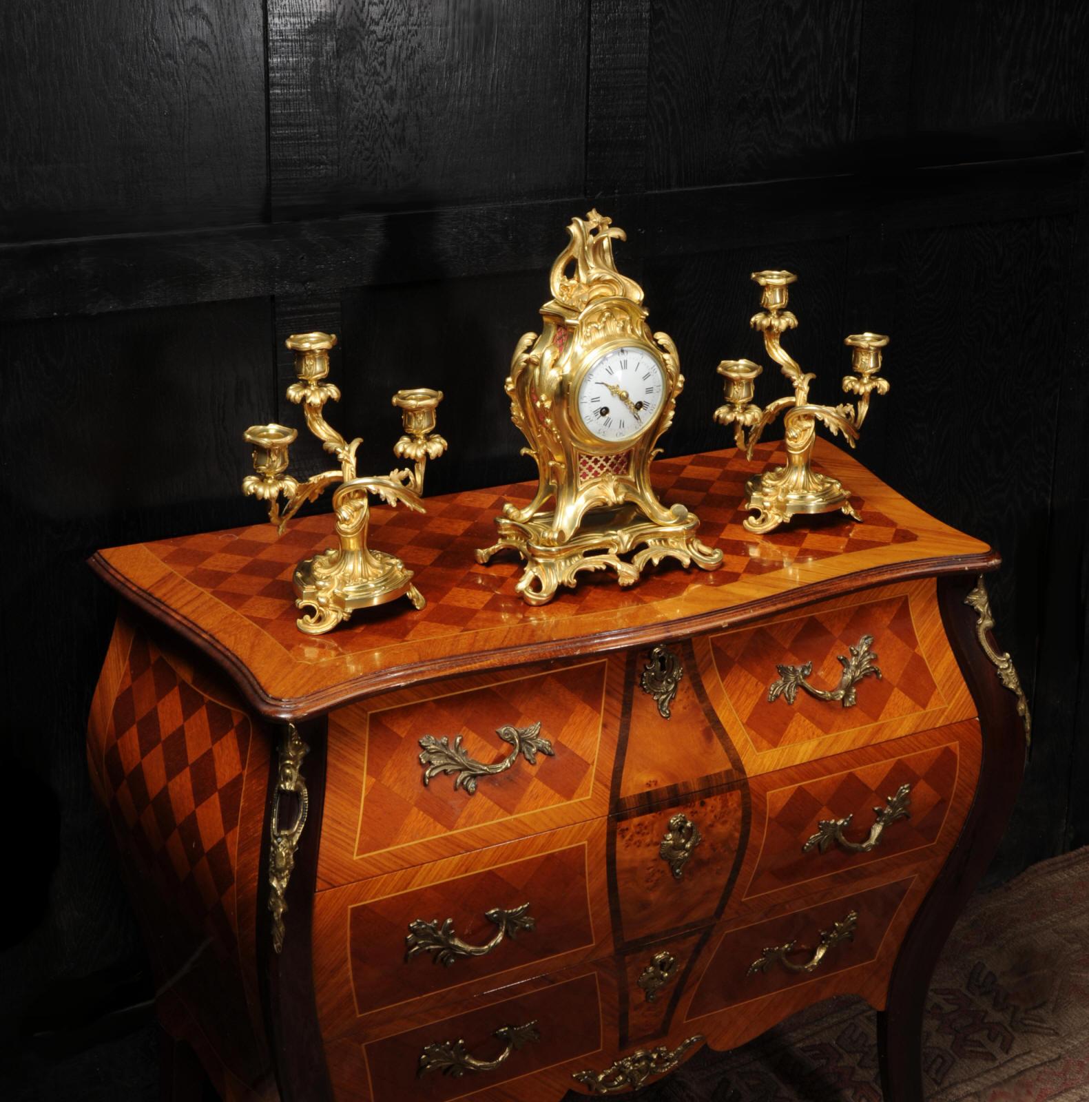 Antique French Louis XV Style Ormolu Rococo Clock Set 3