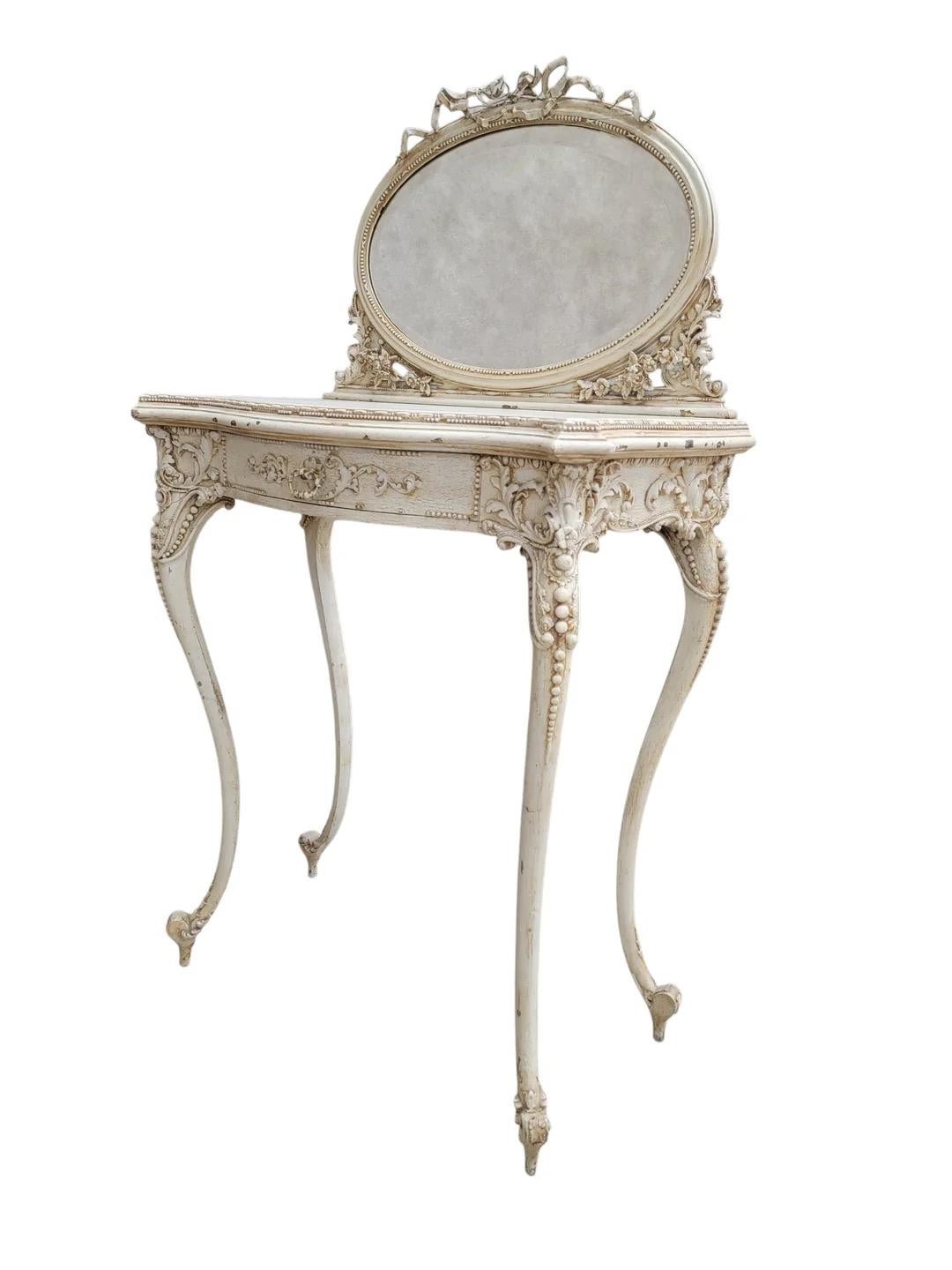 Ancienne table de toilette sculptée de style Louis XV française avec chaise en vente 1