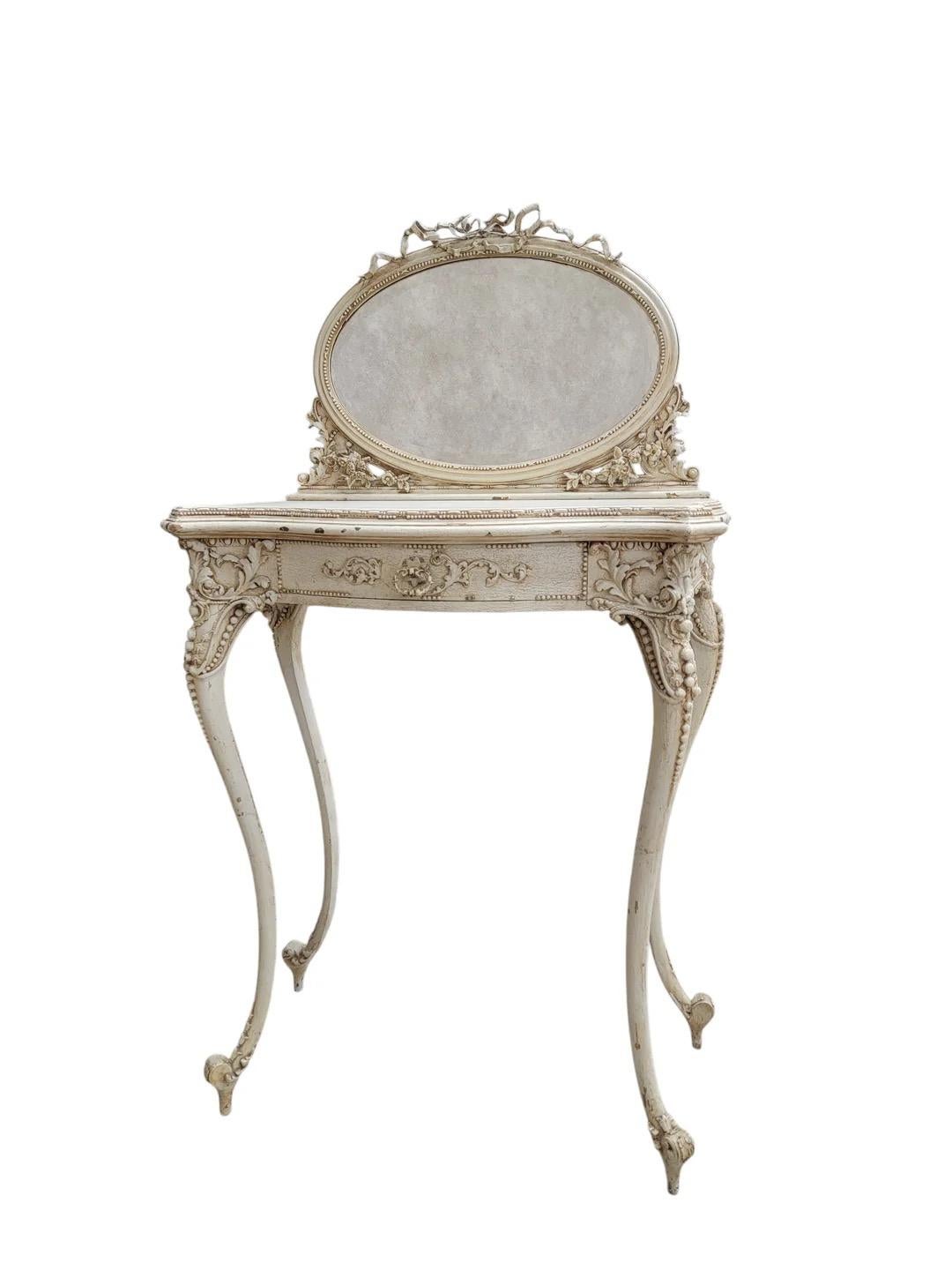 Ancienne table de toilette sculptée de style Louis XV française avec chaise en vente 2