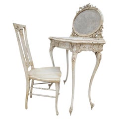 Antique French Louis XV Style Ornate Carved Vanity Table With Chair