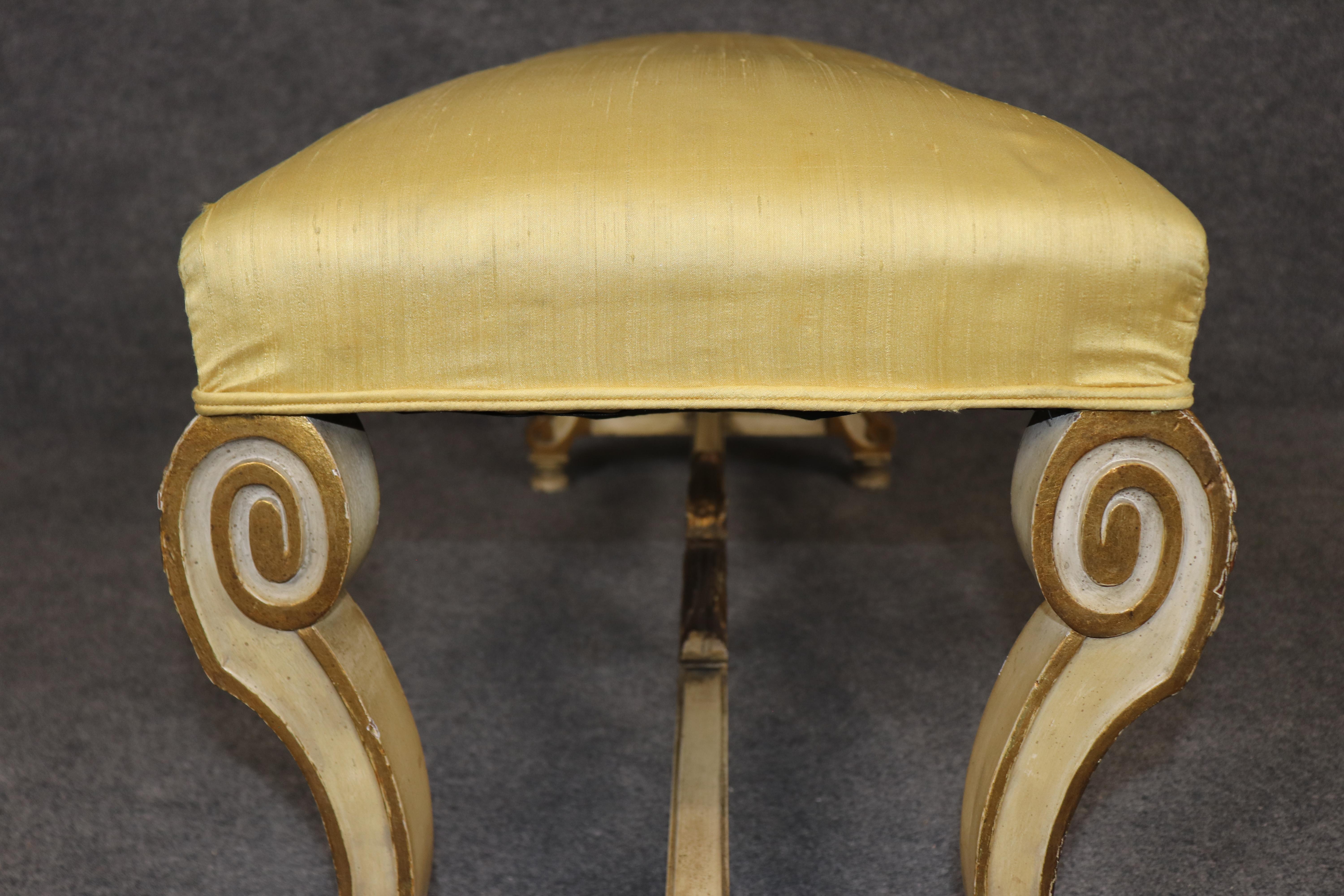 Antique French Louis XV Style Paint Decorated and Gilt Accent Bench C. 1920's 6