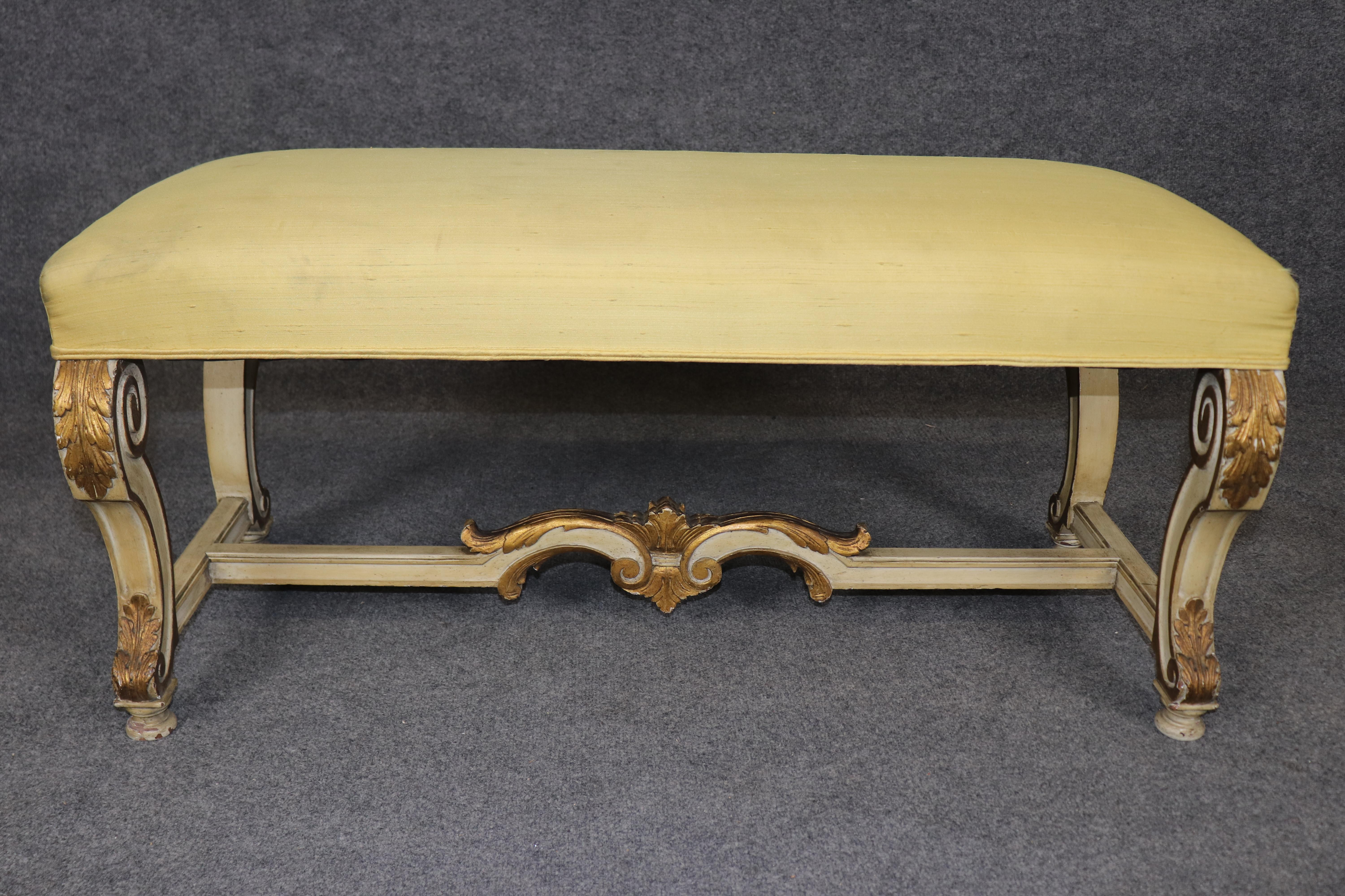 Intagliato Antique French Louis XV Style Paint Decorated and Gilt Accent Bench C. 1920's