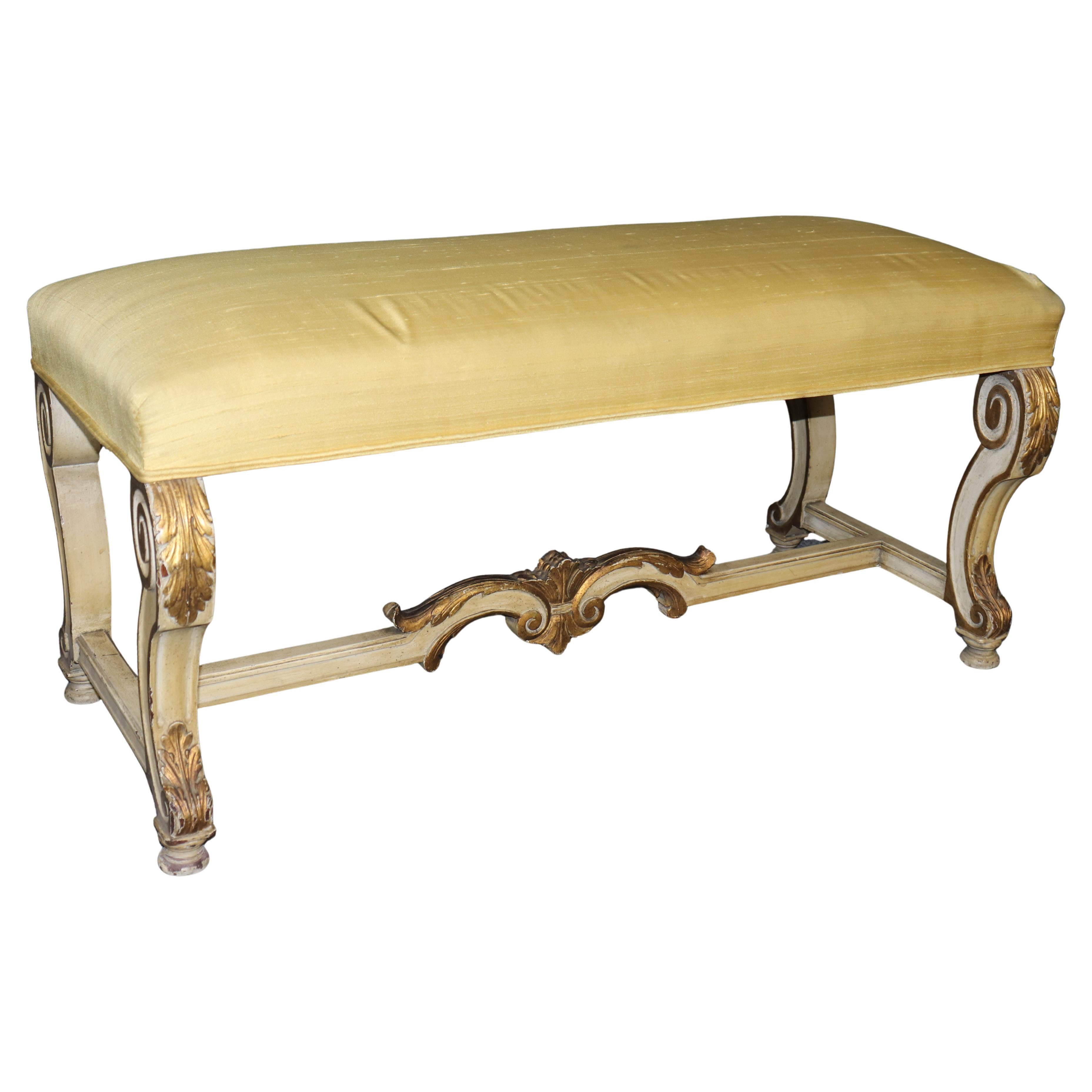 Antique French Louis XV Style Paint Decorated and Gilt Accent Bench C. 1920's