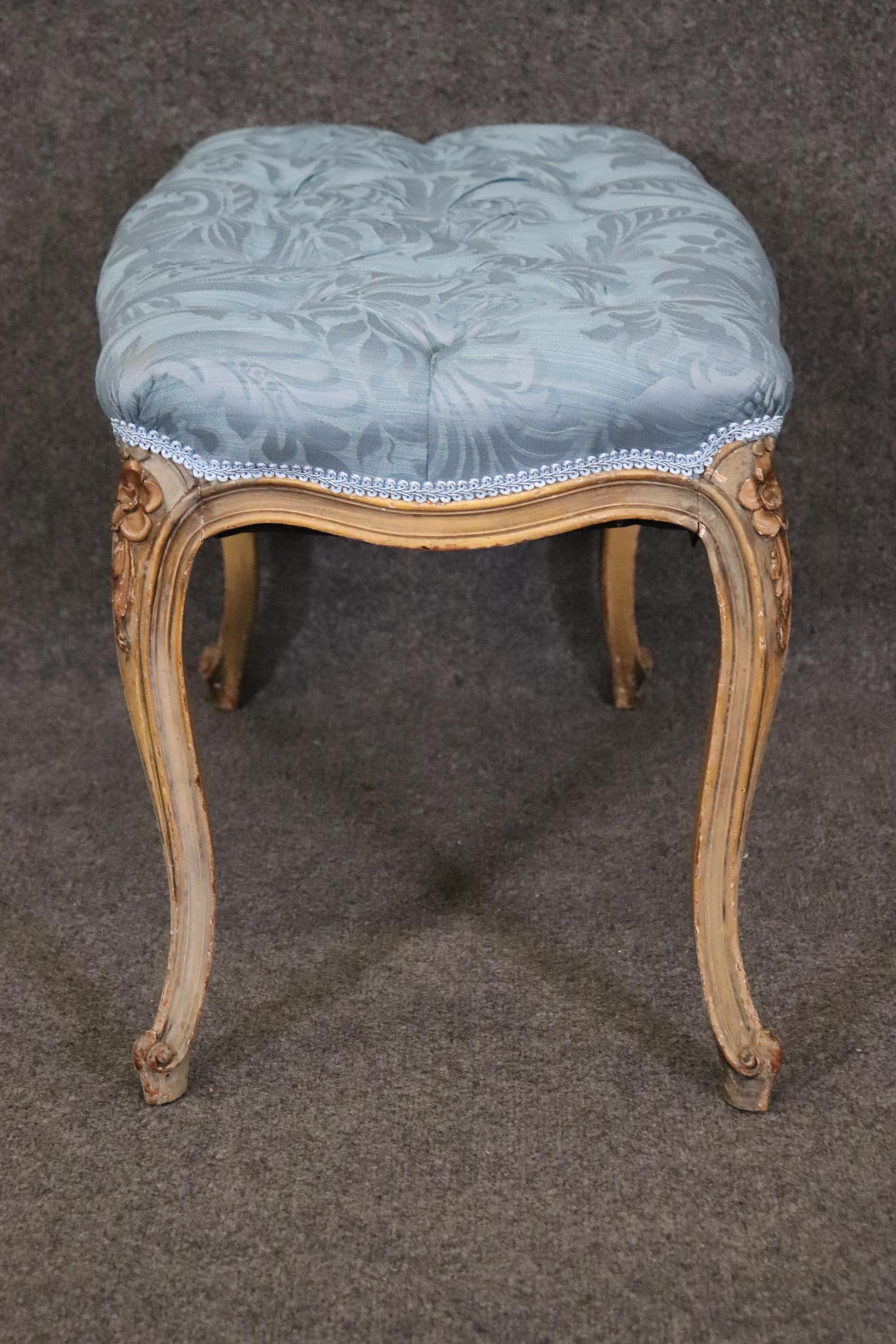 Carved Antique French Louis XV Style Paint Decorated Tufted Bench Footstool  For Sale