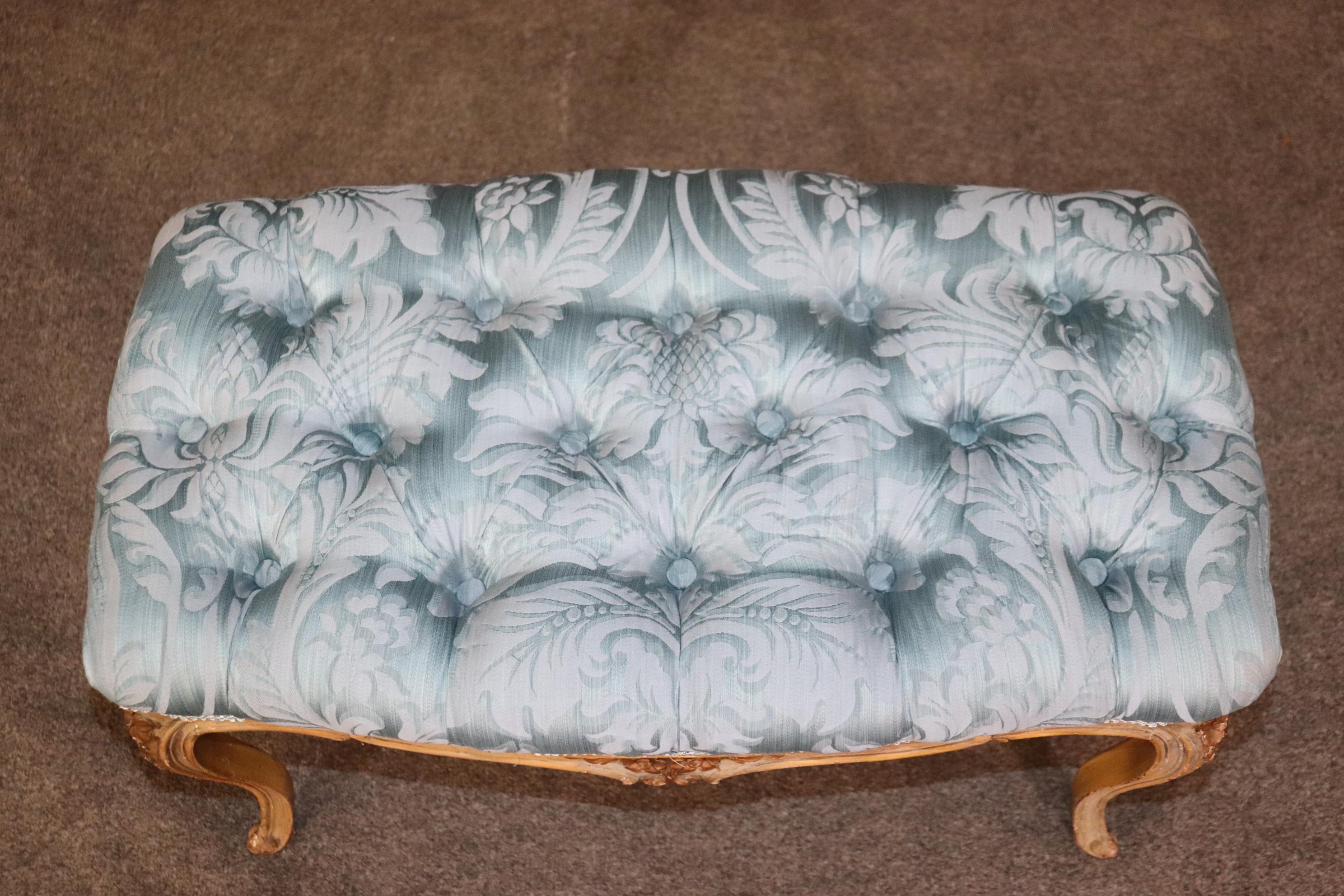 Upholstery Antique French Louis XV Style Paint Decorated Tufted Bench Footstool  For Sale
