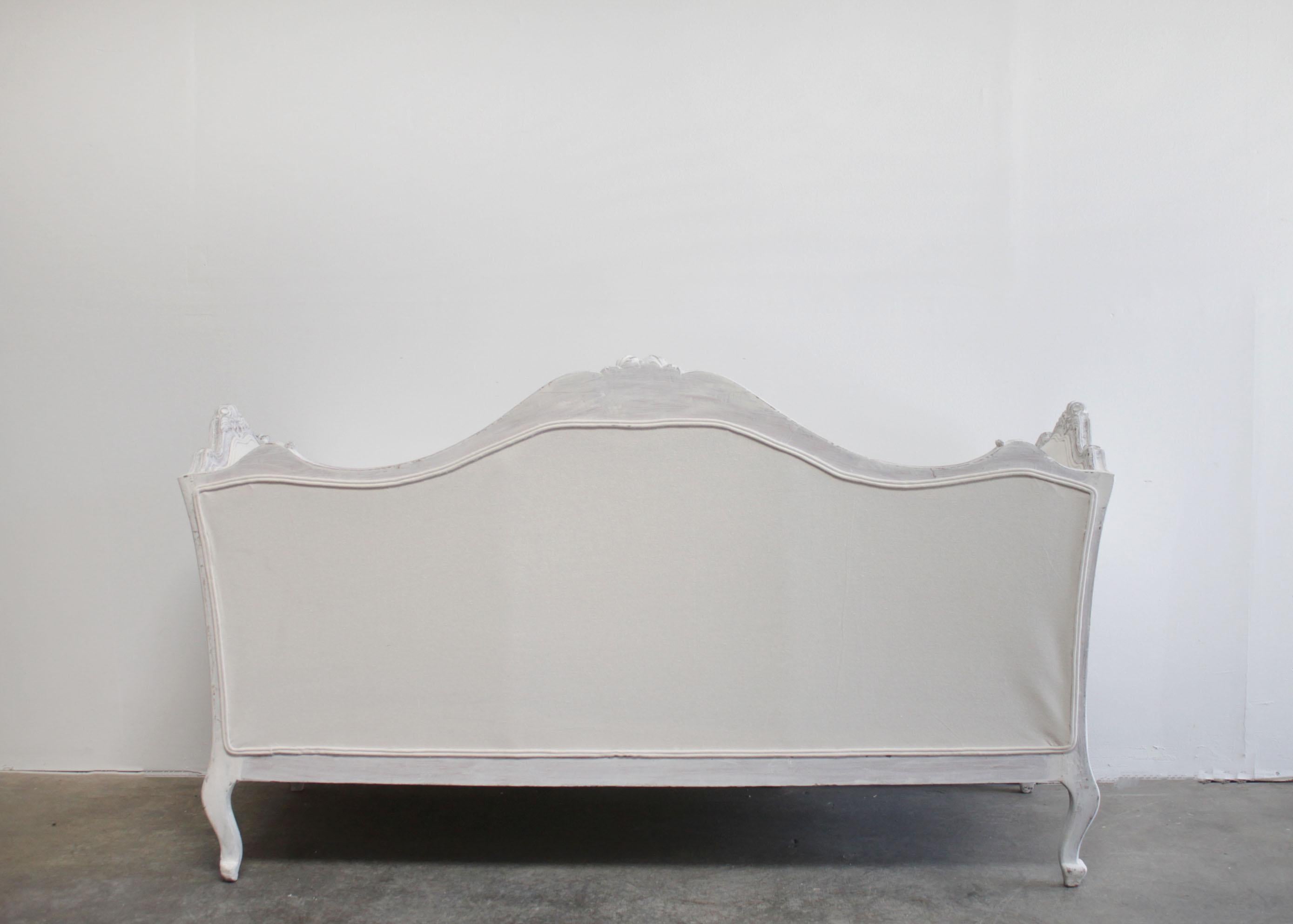 Antique French Louis XV Style Painted and Upholstered Sofa In Good Condition In Brea, CA