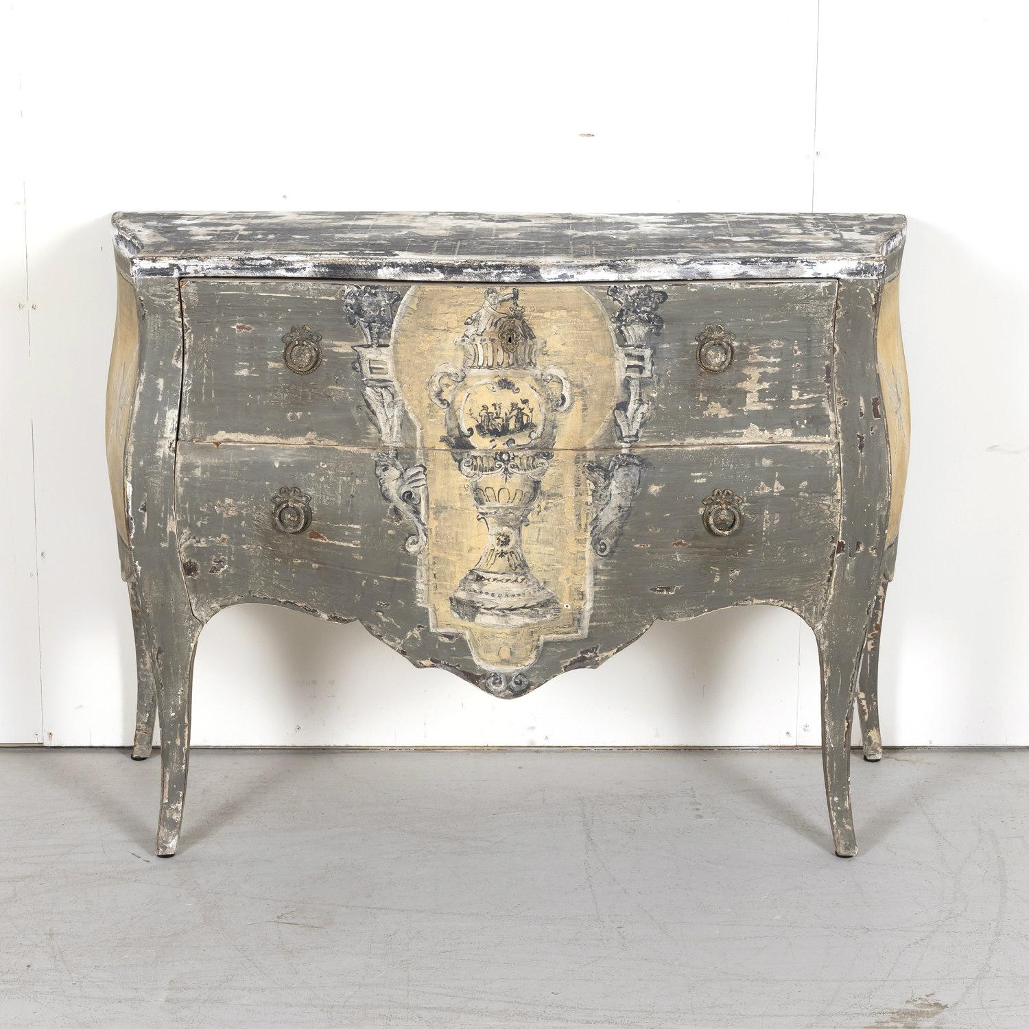 Antique French Louis XV style commode sauteuse constructed of painted wood having a serpentine top over two drawers, circa 1920s. Carved, shaped apron raised on cabriole legs. This elegant chest of drawers, also referred to as a 