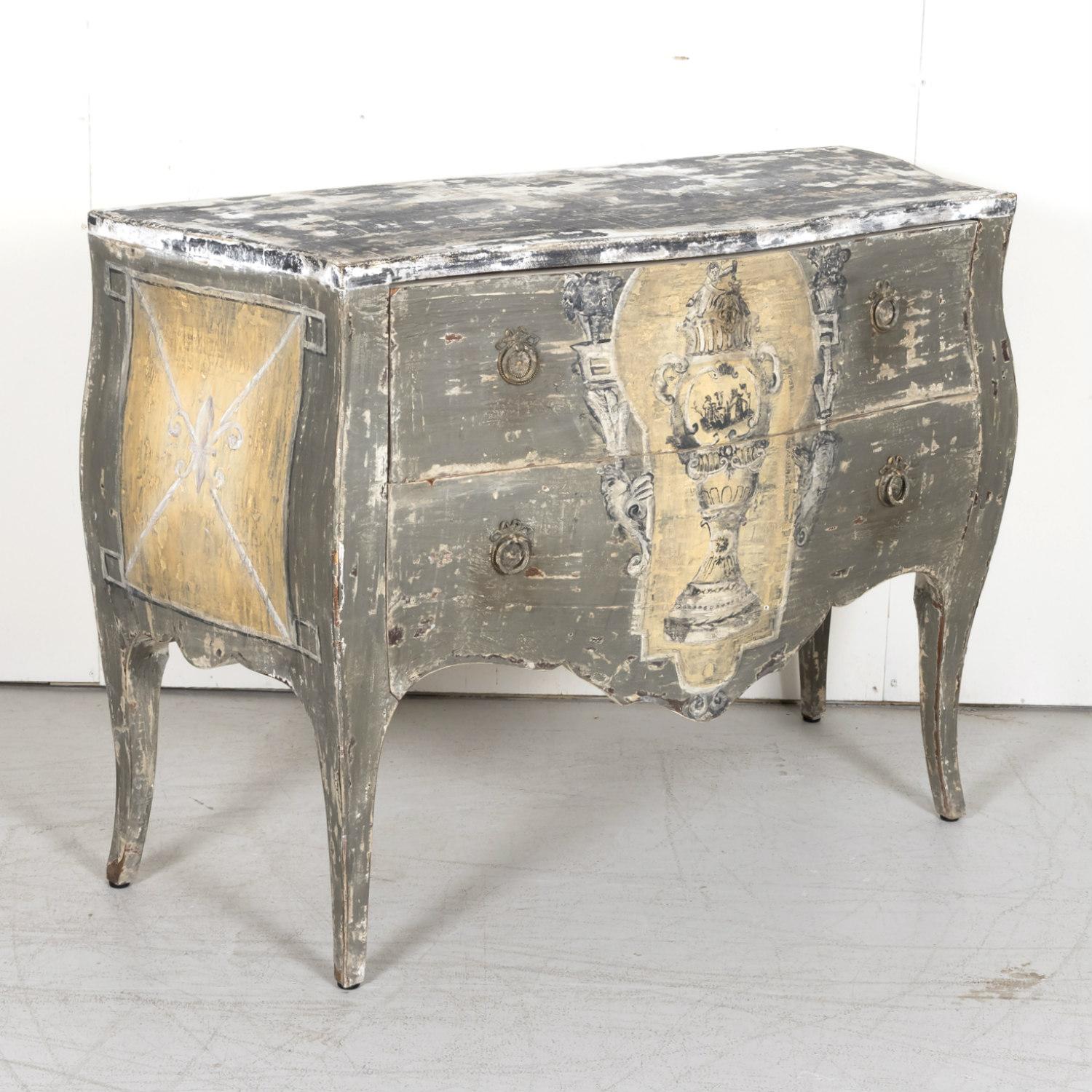 Hand-Painted Antique French Louis XV Style Painted Commode Sauteuse For Sale