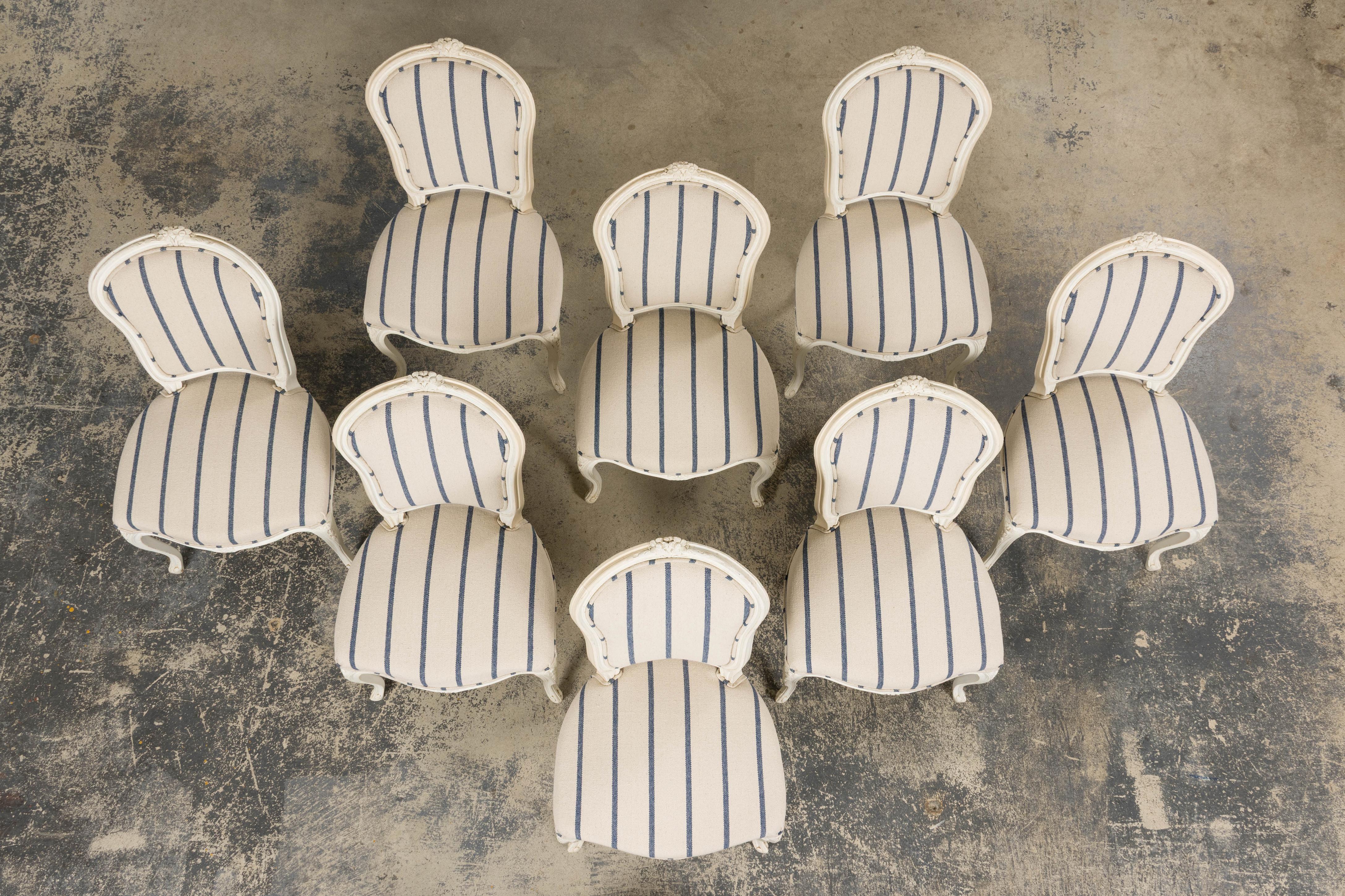 Français Antique French Louis XV Style Painted Dining Chairs in Blue Stripe- Set of 8 en vente