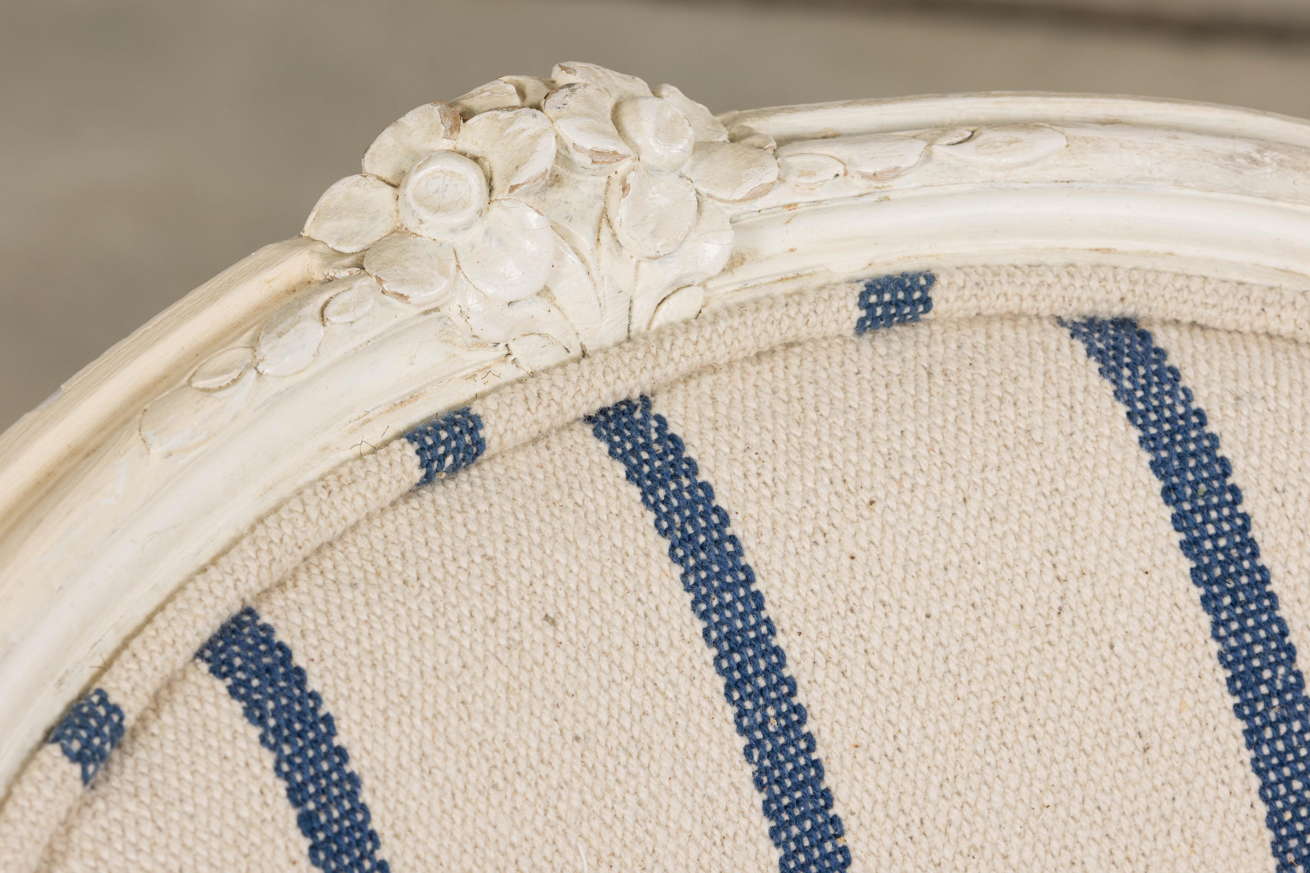 Antique French Louis XV Style Painted Dining Chairs in Blue Stripe- Set of 8 en vente 2