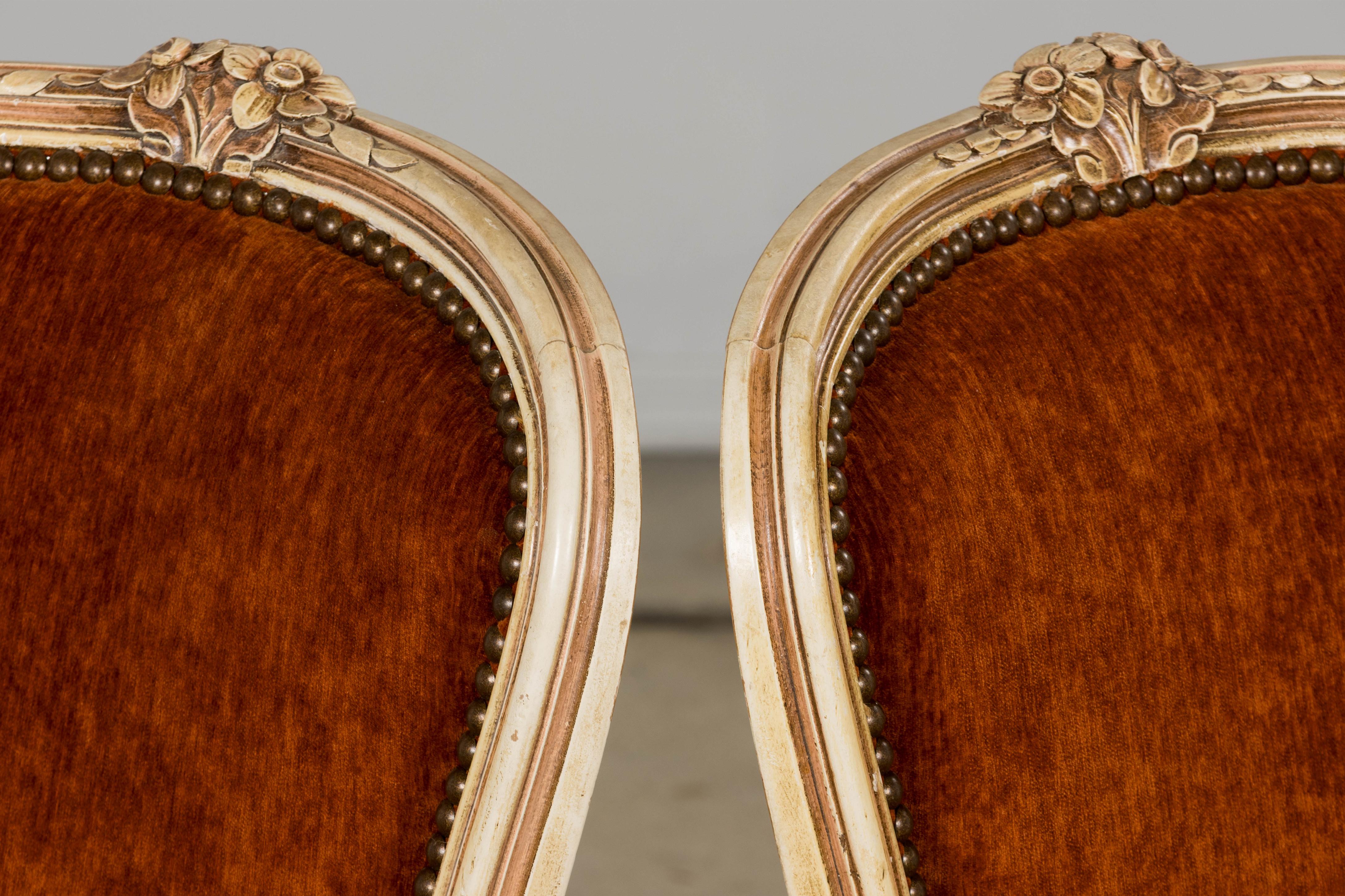 Antique French Louis XV Stil gemalt Esszimmerstühle In Rust Stoff - Set von 6 im Angebot 9