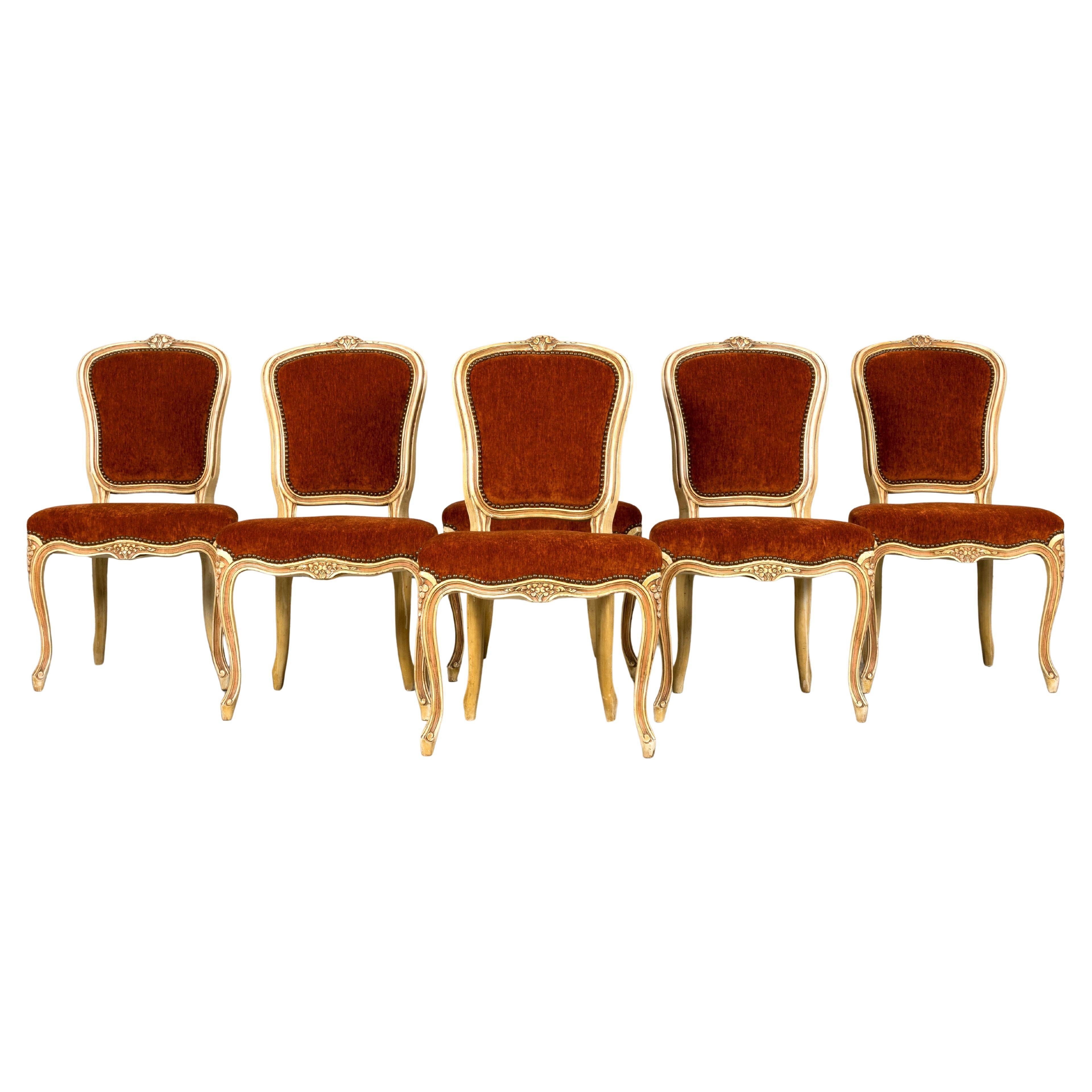 Antique French Louis XV Stil gemalt Esszimmerstühle In Rust Stoff - Set von 6 im Angebot