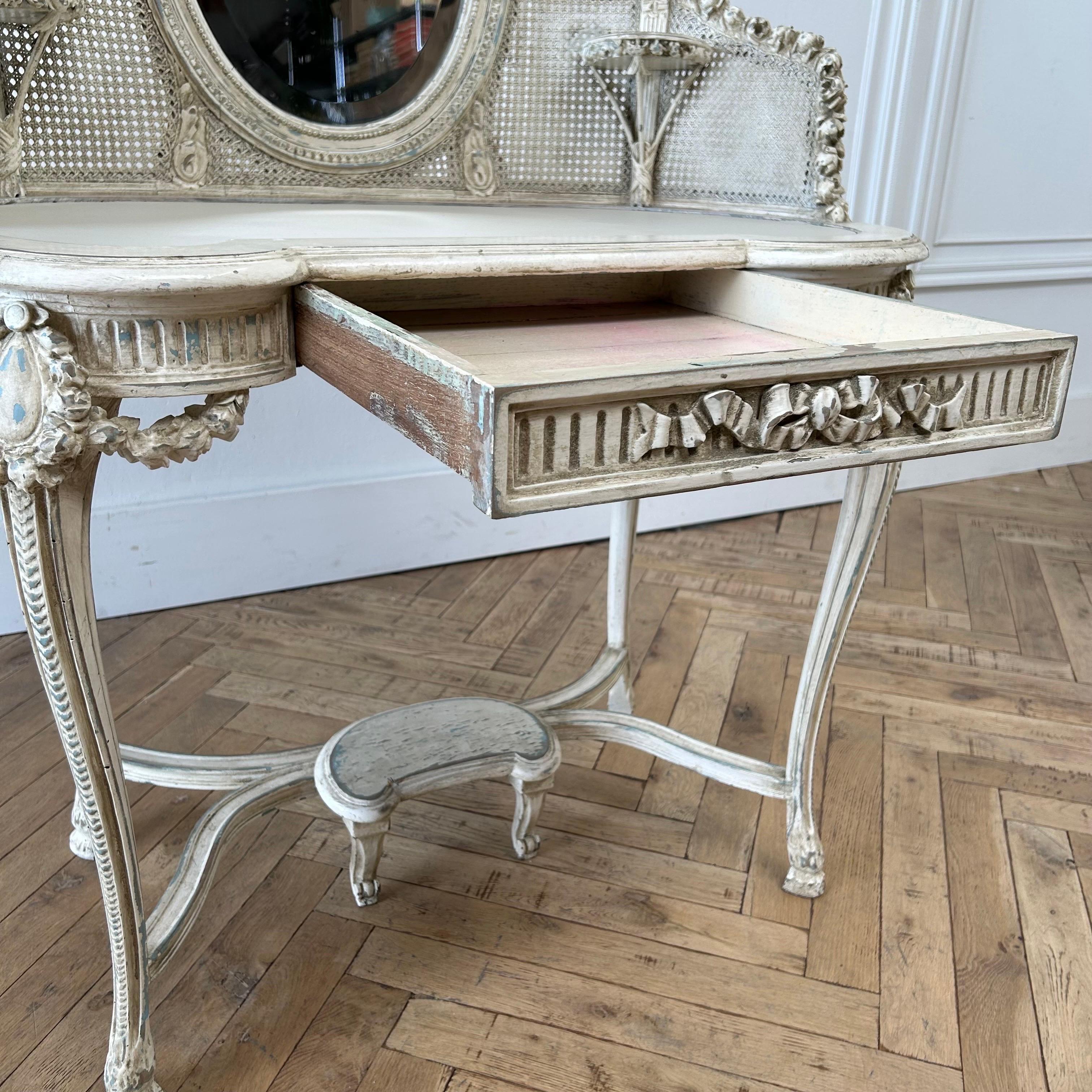 Antique French Louis XV Style Painted Vanity with Rose Carvings For Sale 3